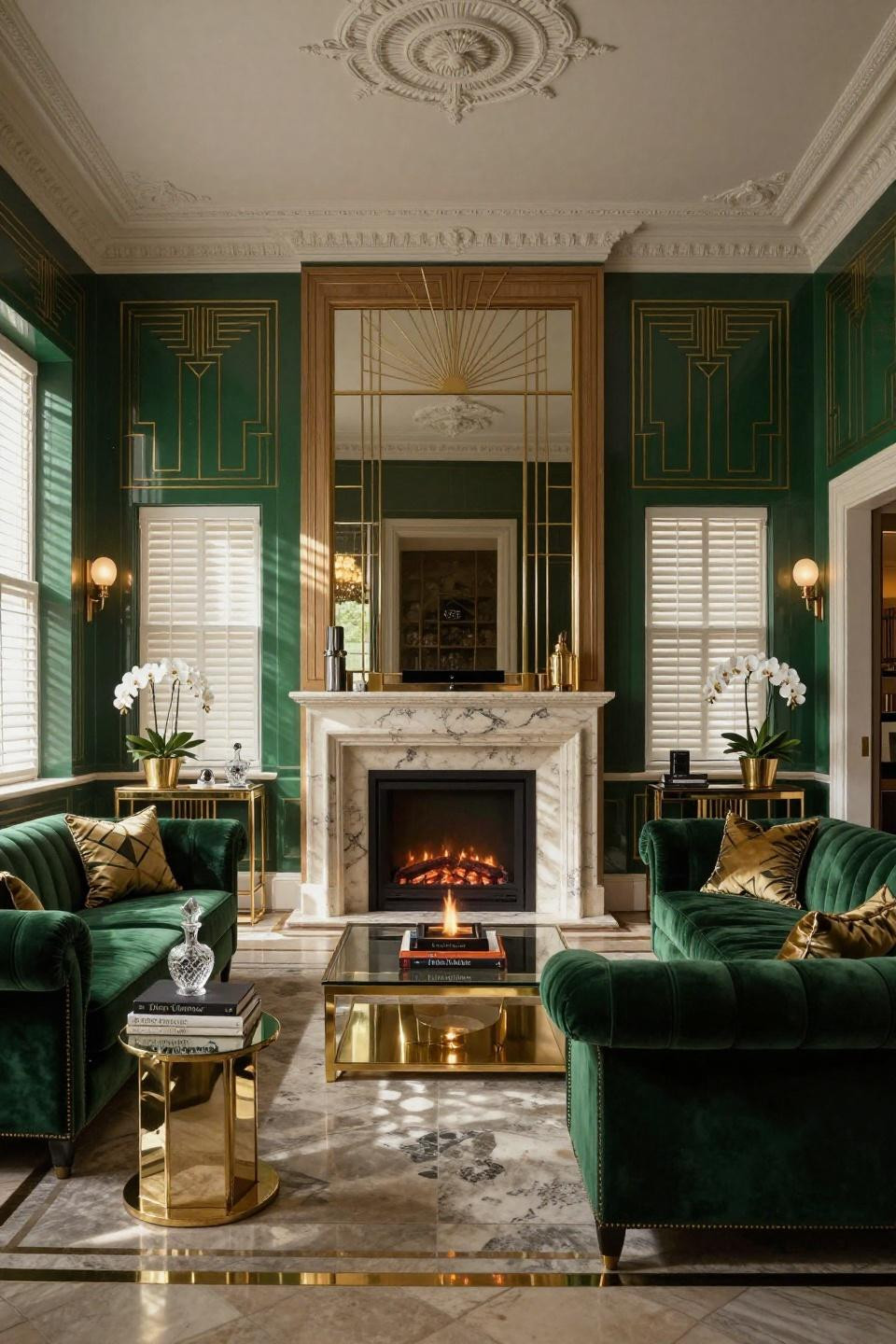 Electric Fireplace Living Room with Art Deco brass inlay and emerald lacquer walls