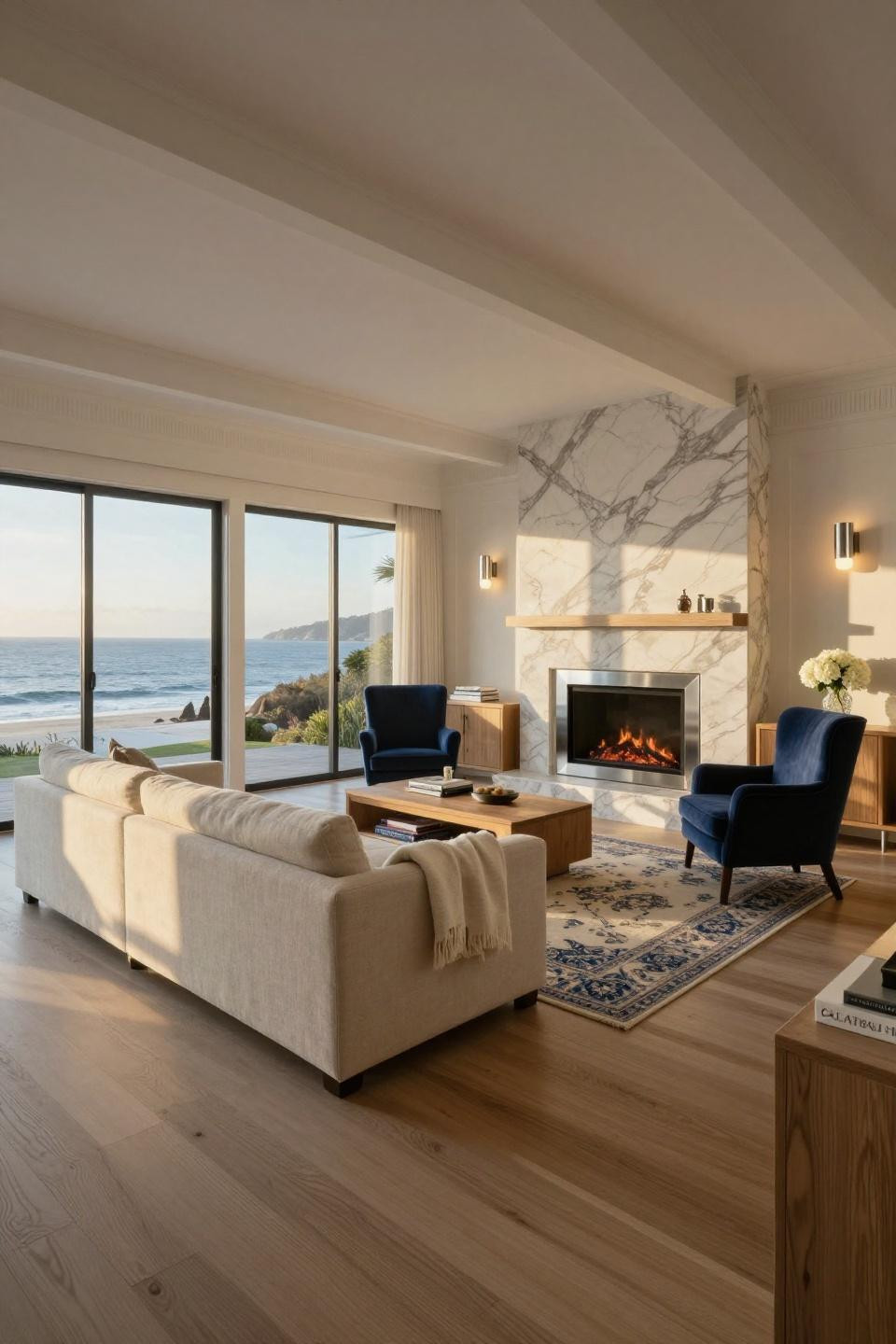 Electric Fireplace Living Room featuring large-format porcelain with platinum metal accents