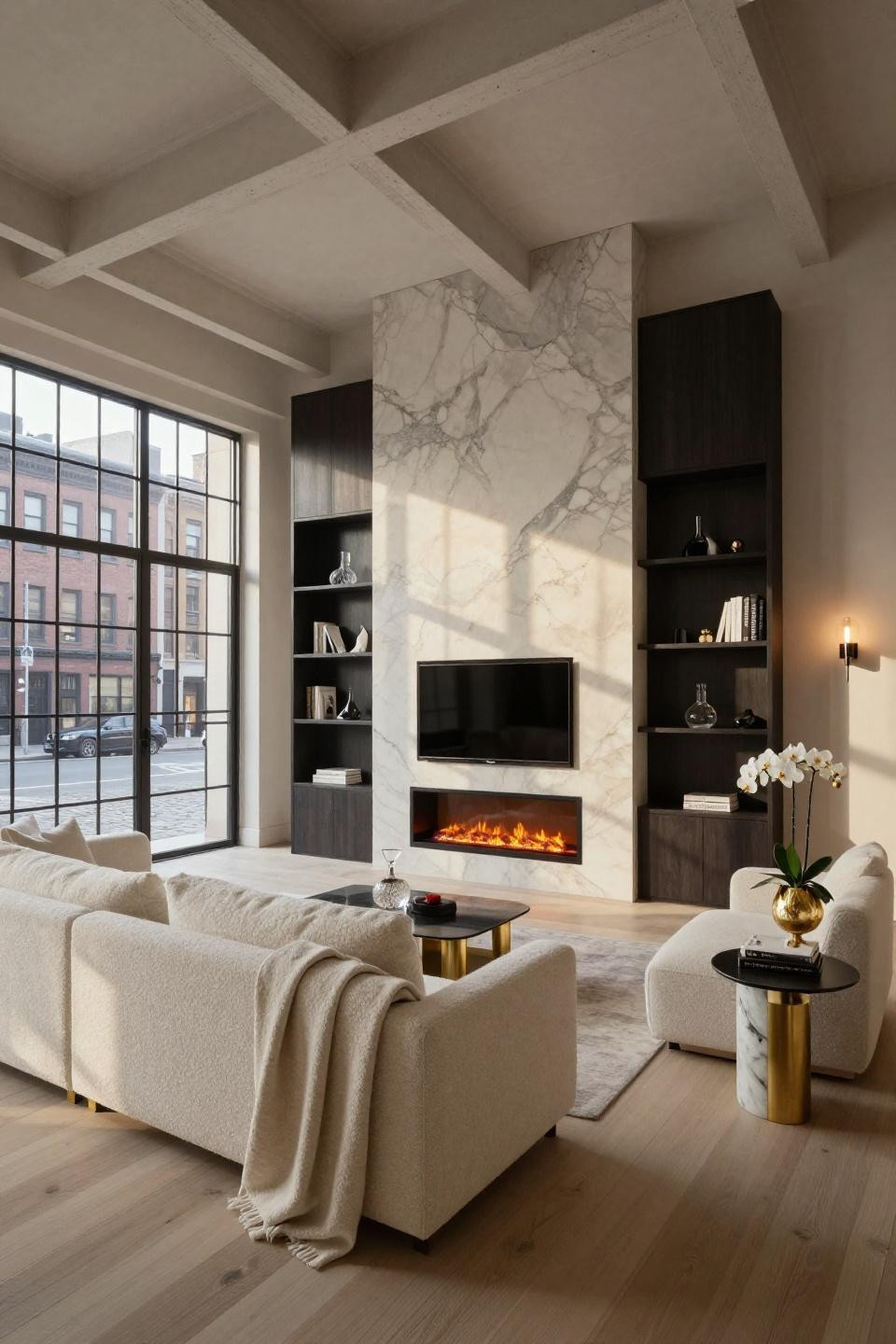 Electric Fireplace Living Room with backlit onyx and ebony wood millwork