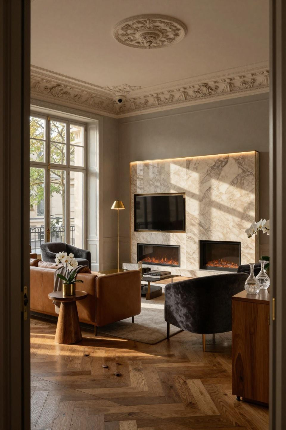 Electric Fireplace Living Room with honed travertine and brushed bronze frame