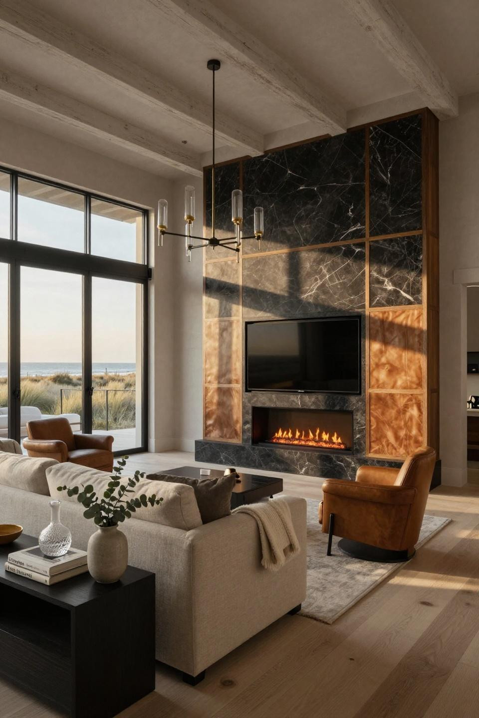 Electric Fireplace Decor featuring honed black granite with saddle leather accent panels