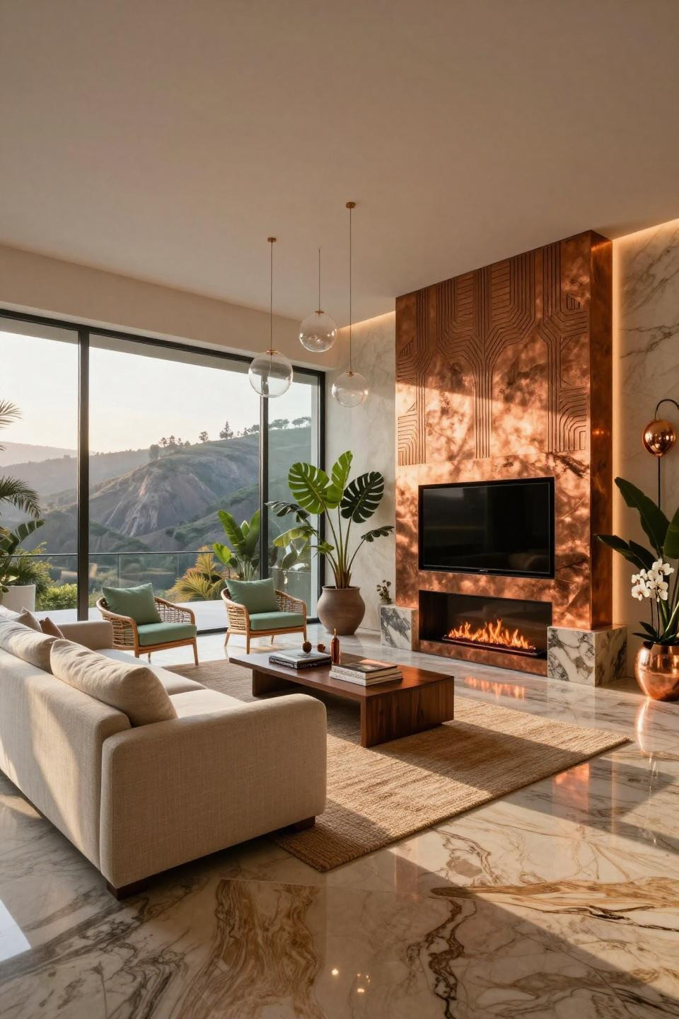 Built In Fireplace And Tv with aged copper panels and quartzite waterfall edge