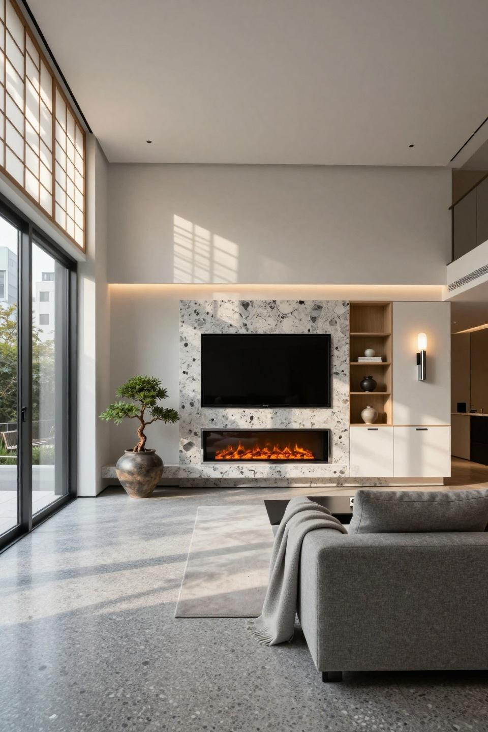 Home Fireplace featuring polished terrazzo with chrome aggregate and alabaster sconces