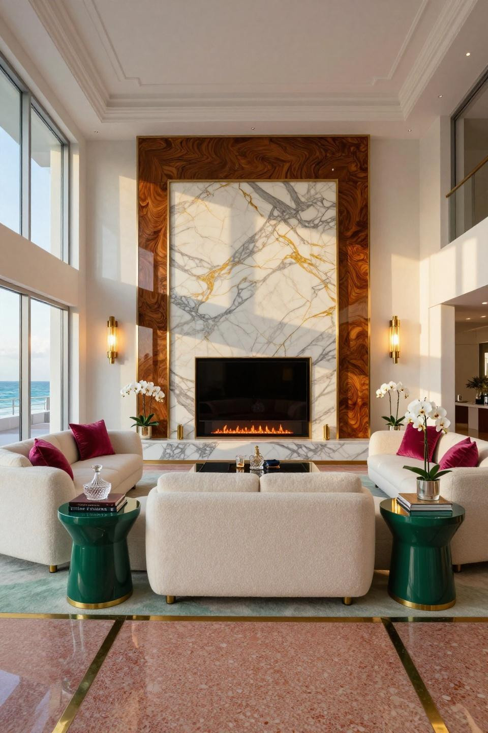 Fireplace Ideas Living Room with book-matched Calacatta Gold marble and brass Greek key details