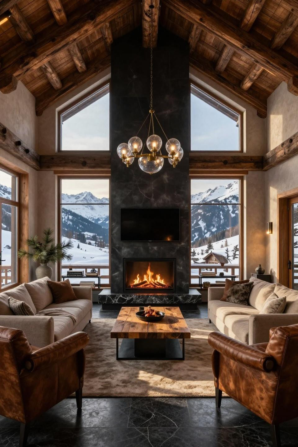 Fireplace Ideas With Tv featuring honed black granite and 200-year-old timber beams
