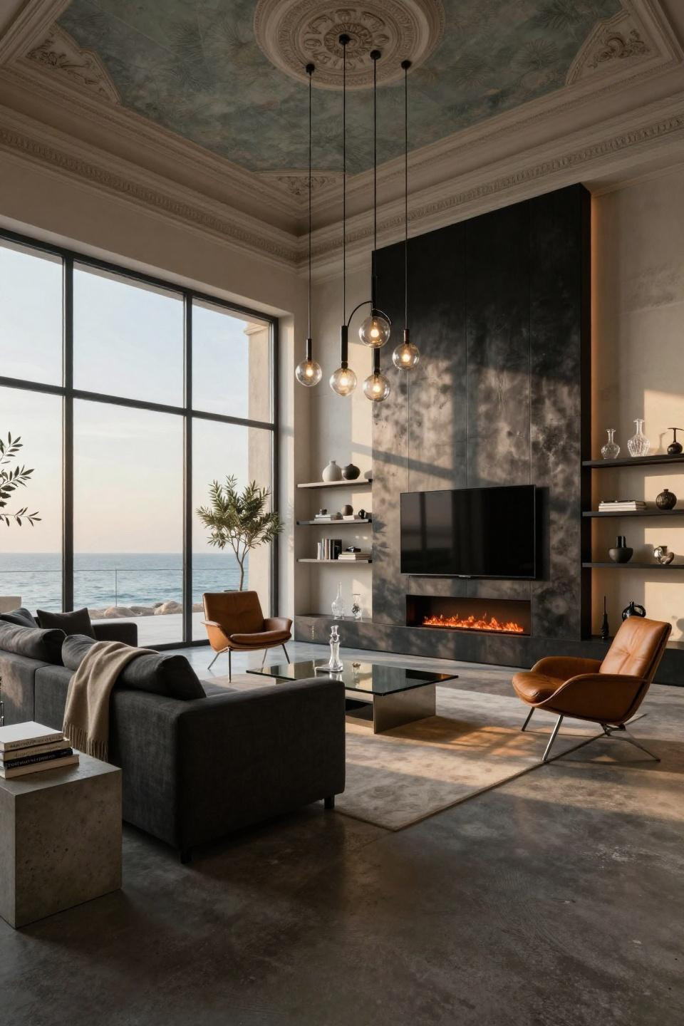Media Wall With Fireplace And Tv using blackened steel and floating concrete shelves