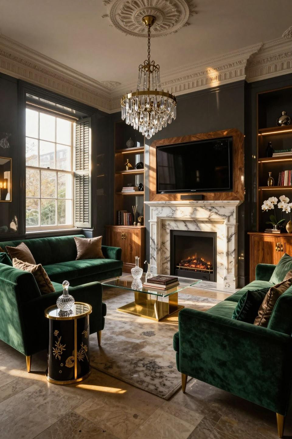 Modern Fireplace Ideas with high-gloss charcoal lacquer and backlit limestone
