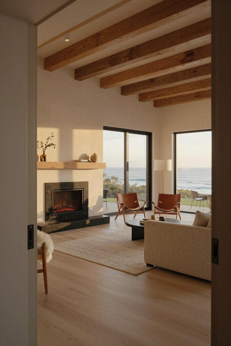 Electric Fireplace With Tv featuring cerused white oak and honed black granite
