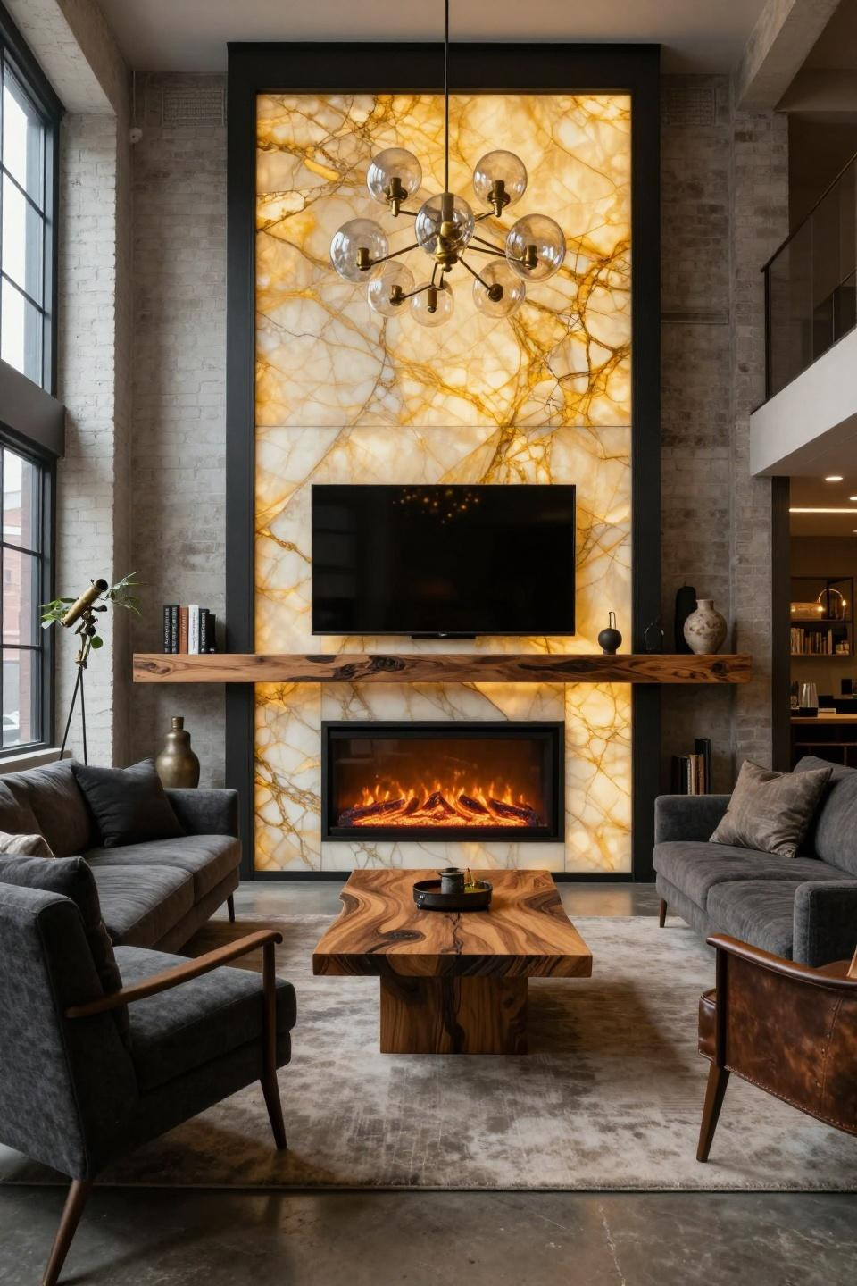 Electric Fireplace Living Room with backlit honey onyx and blackened steel frame