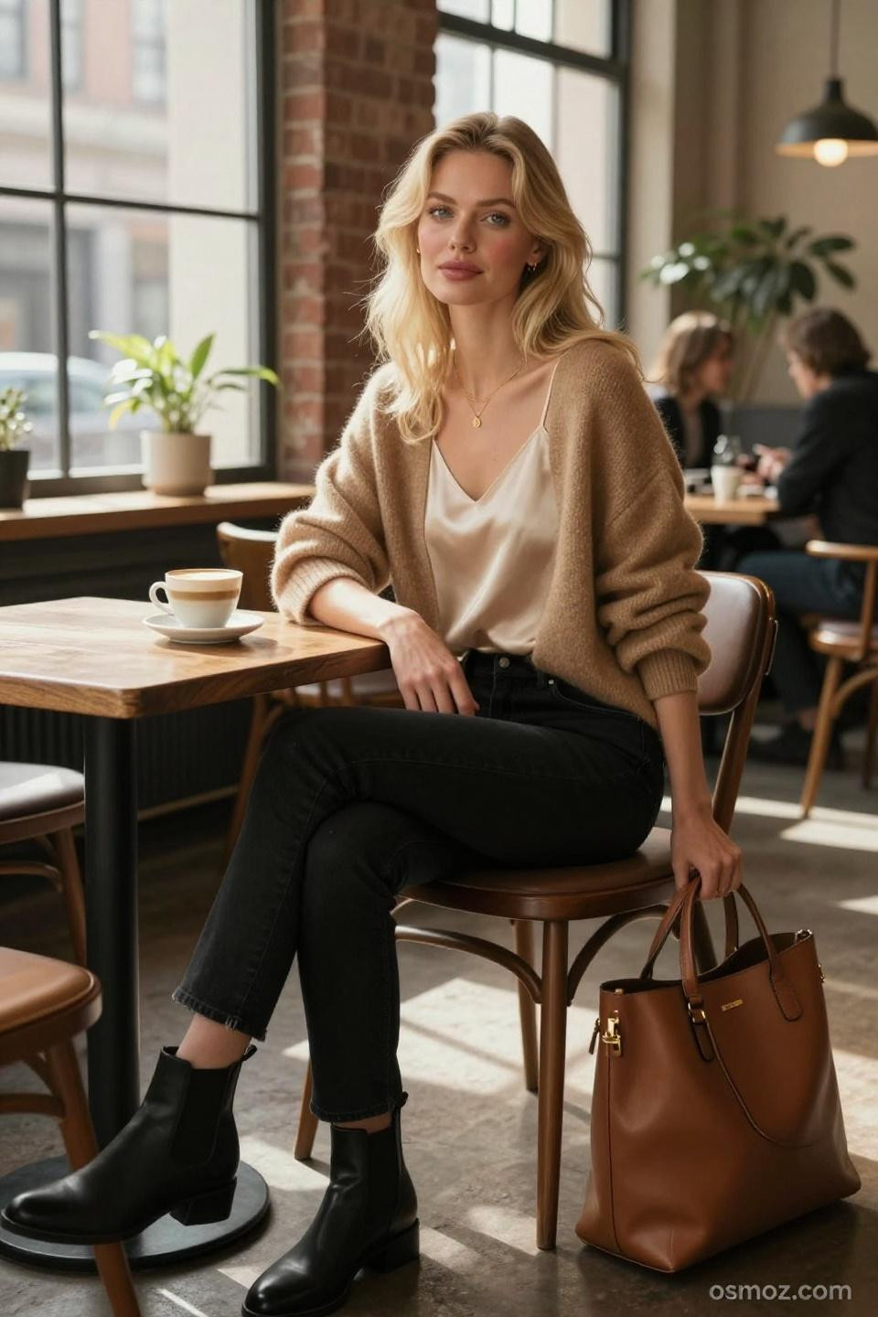 Fall Outfits With Black Jeans with camel sweater and Chelsea boots