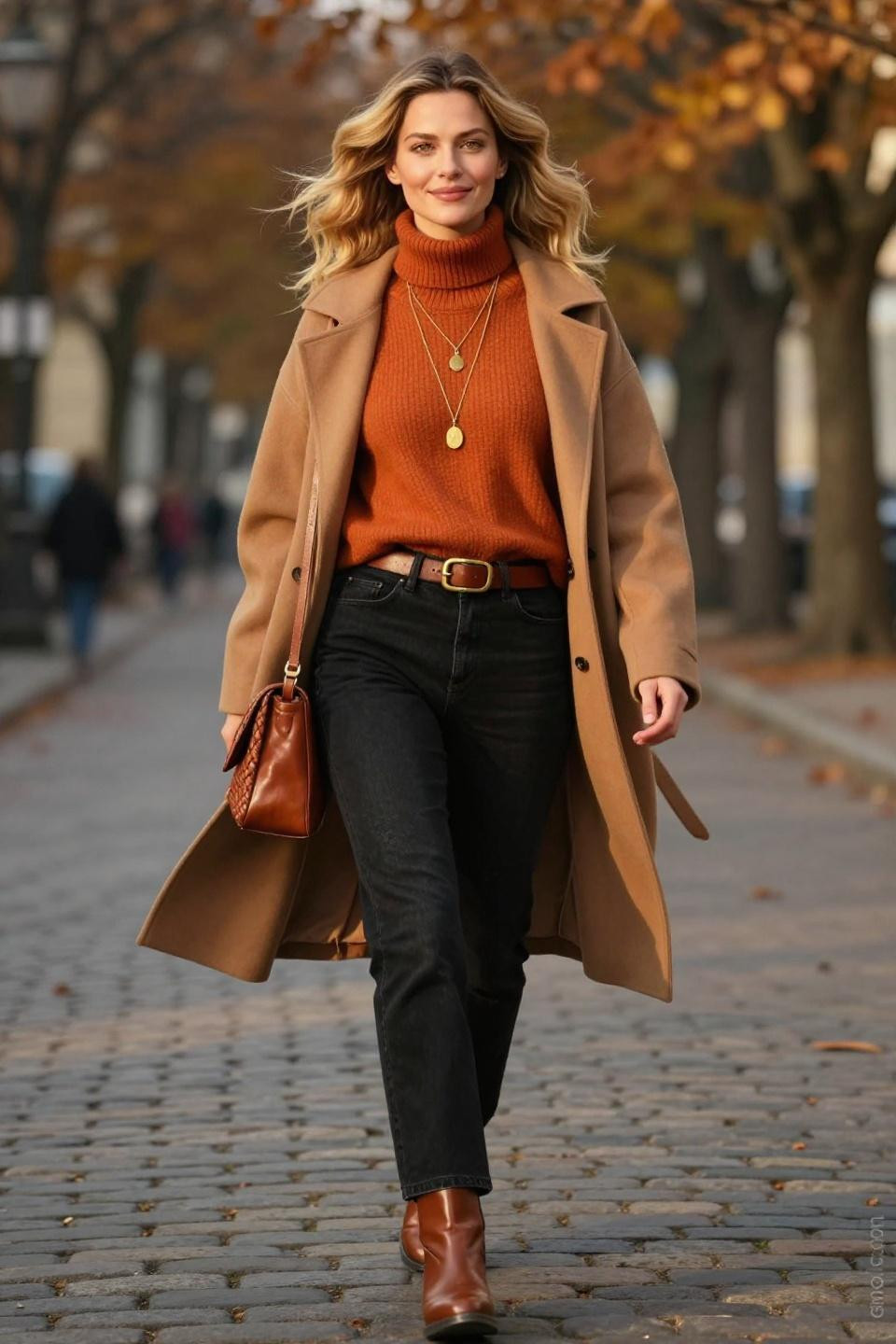 Fall Outfits With Black Jeans featuring rust sweater and camel coat layering