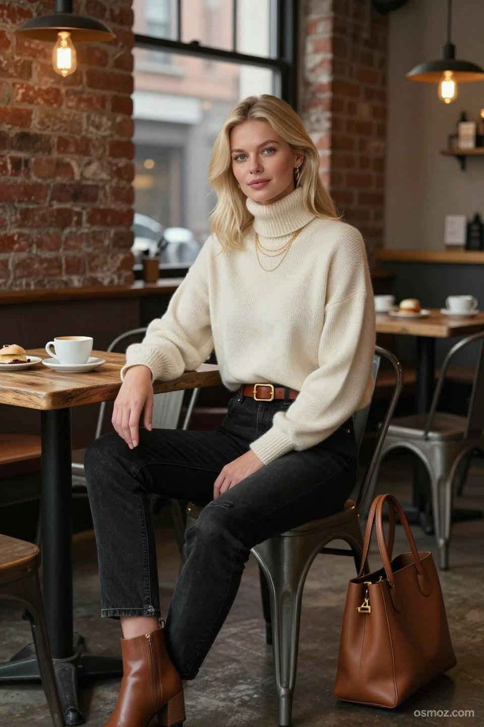 Casual Outfits With Black Jeans styled with cream sweater in coffee shop setting