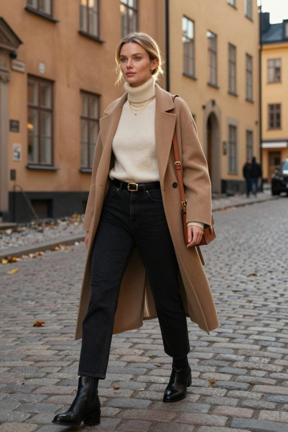 Black Denim Jeans Outfit with structured leather accessories and autumn styling