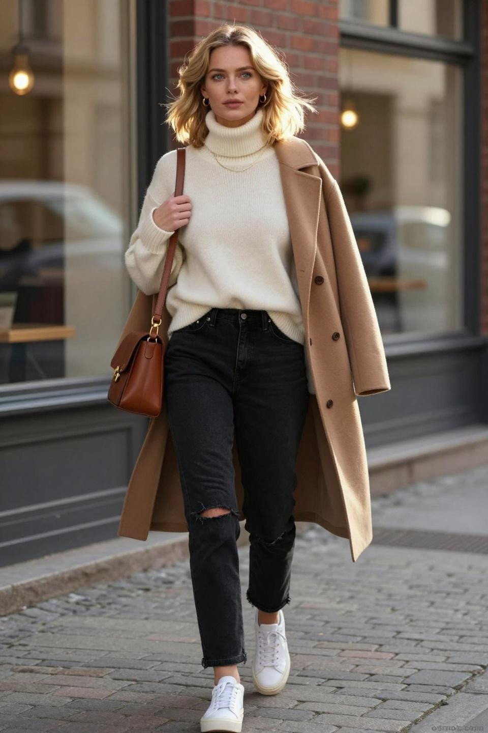 Outfits To Wear With Black Jeans featuring cream sweater and camel coat combination