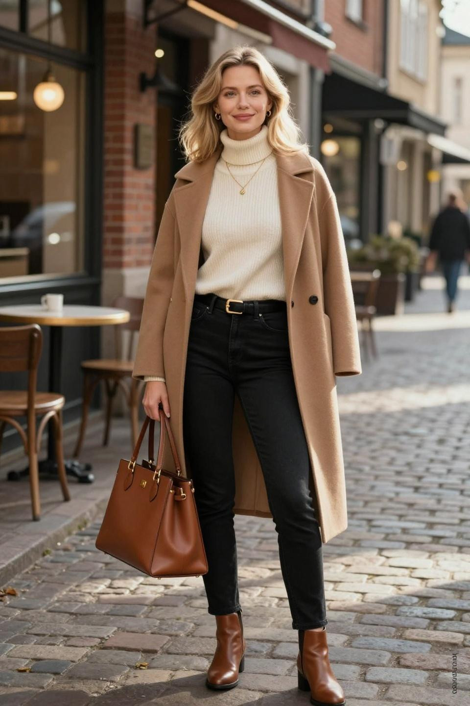Black Jeans Outfit Classy woman in cream turtleneck sweater and camel coat