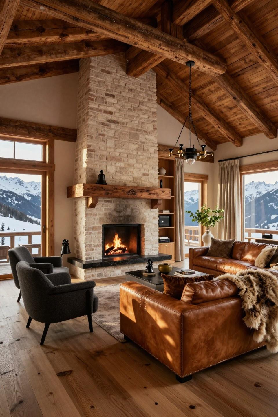 Brick fireplace makeover with limewashed ivory brick and saddle leather millwork panels flanking honed granite hearth