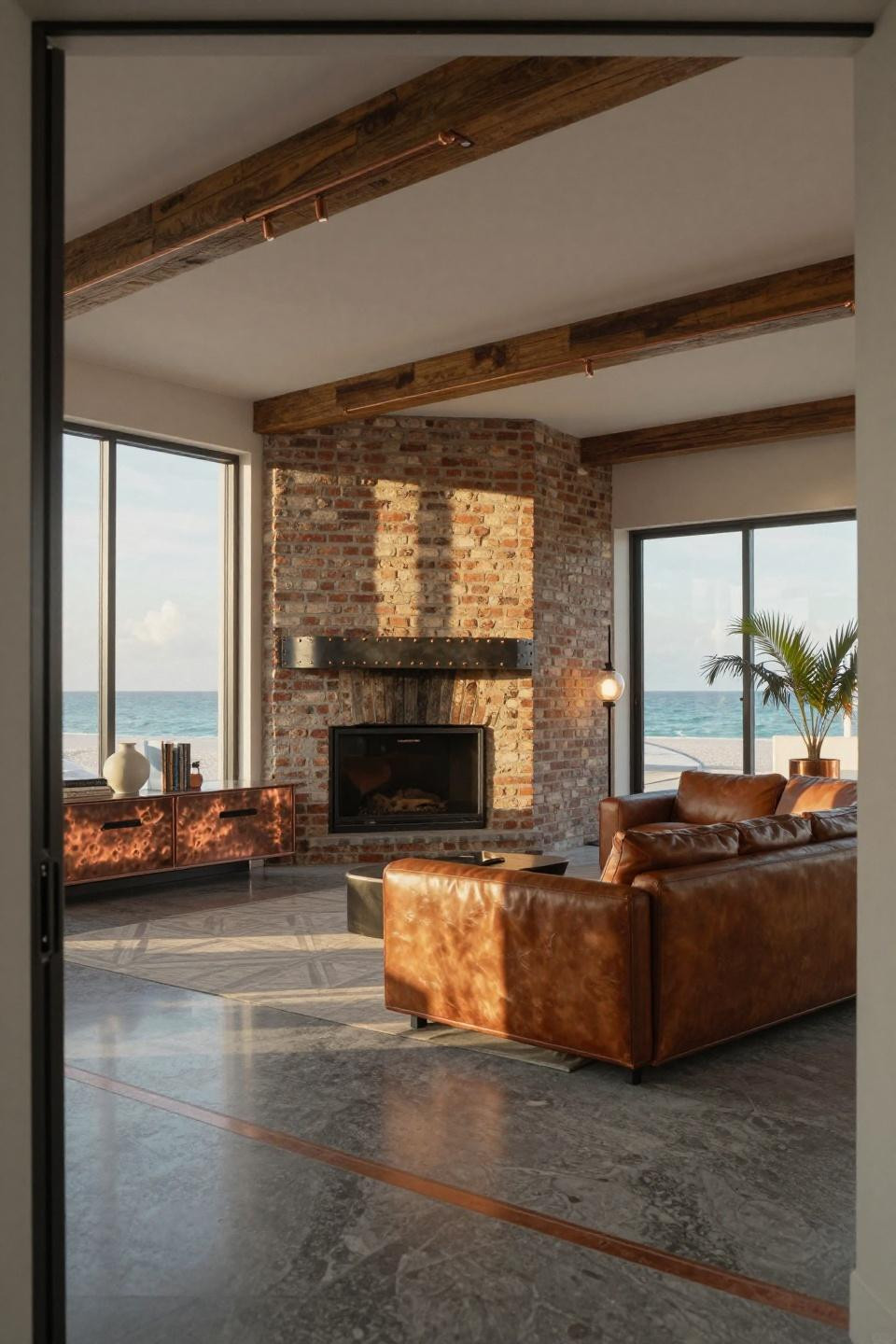 Fireplace TV wall featuring sandblasted 1890s Chicago brick with aged copper media console and flush-mounted television
