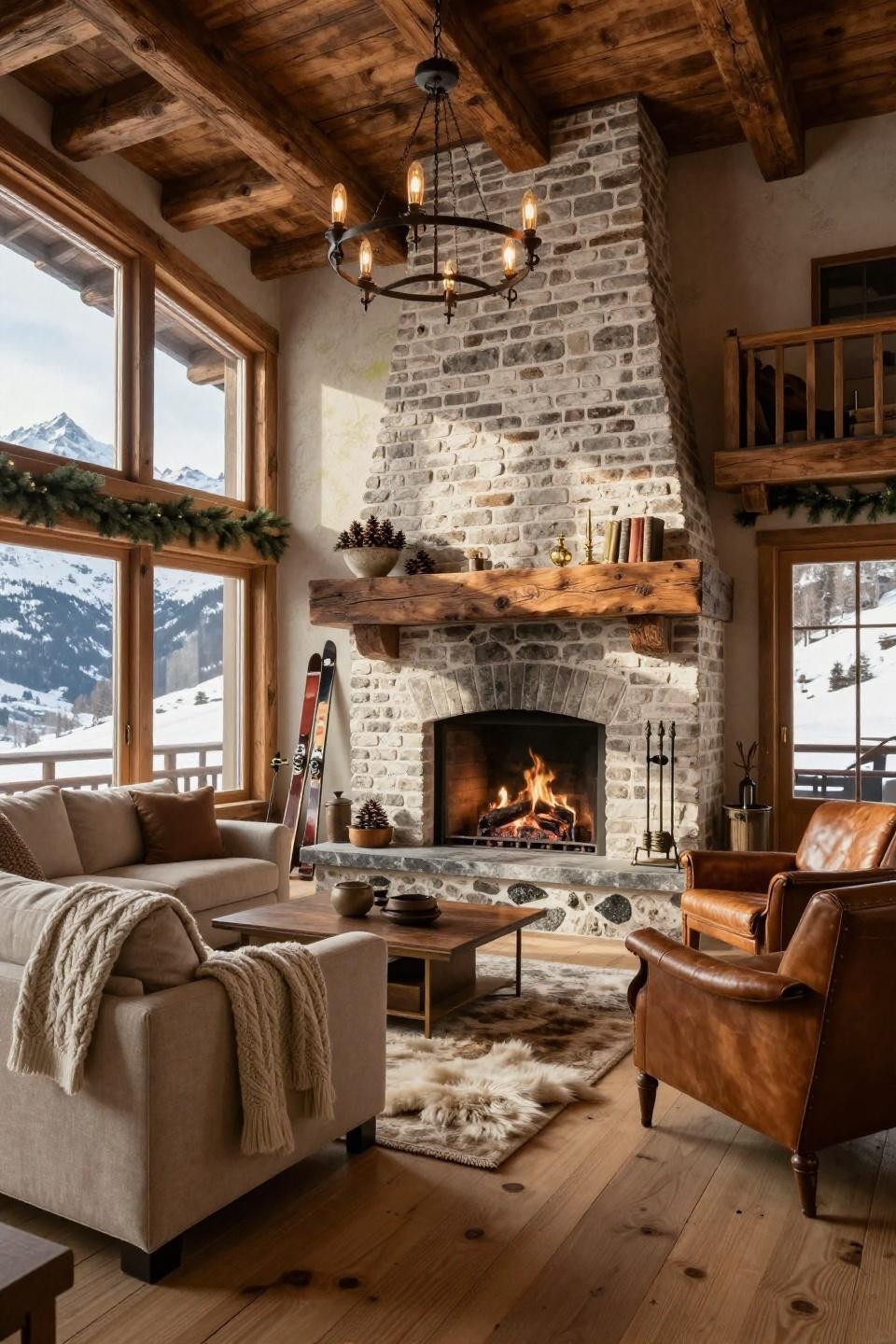 Fireplace design with whitewashed reclaimed brick and massive hand-hewn weathered oak timber mantel in Swiss alpine chalet