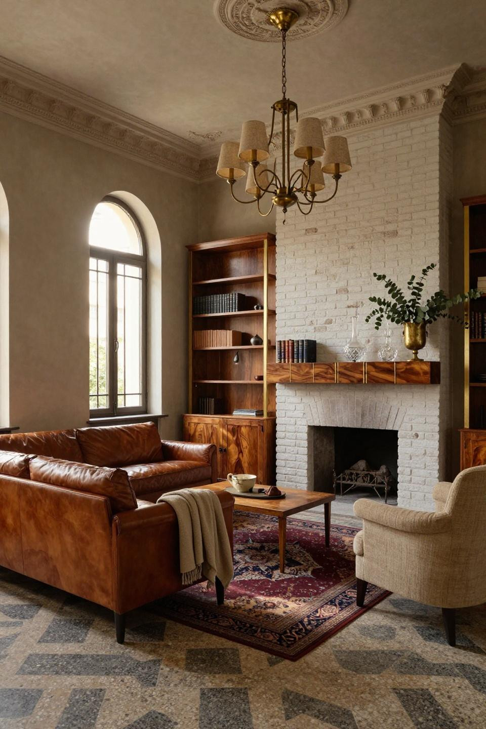Shiplap fireplace design with aged walnut mantel surround over matte white painted brick in Milanese villa