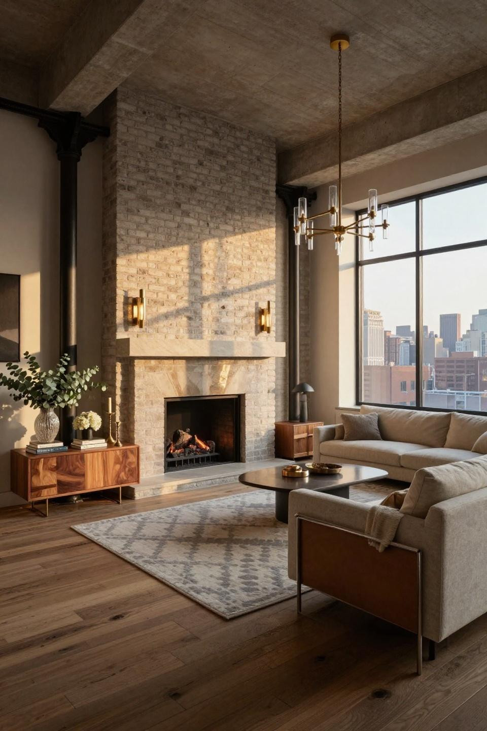 Modern farmhouse fireplace featuring limewashed grey-white brick and hand-troweled limestone plaster mantel