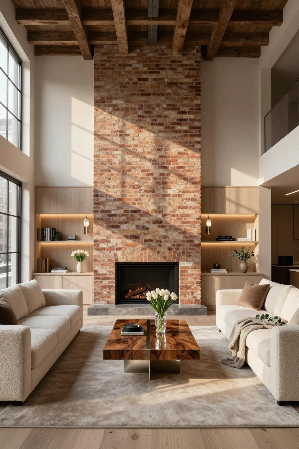 Update brick fireplace with French Burgundy limestone cladding and cerused white oak millwork in Tribeca loft