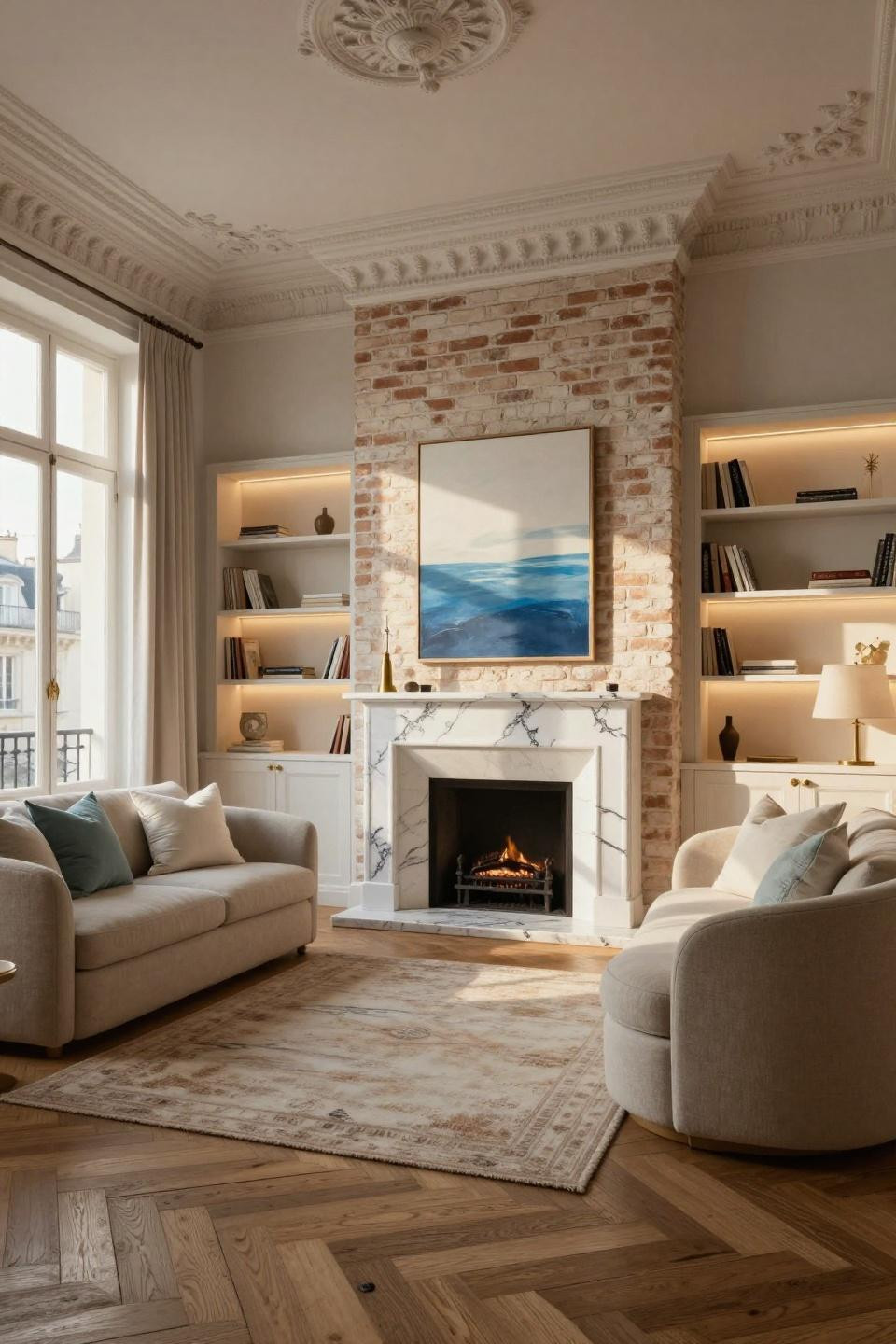Faux fireplace transformation with soft white painted brick and Calacatta-inspired porcelain mantel in Paris apartment