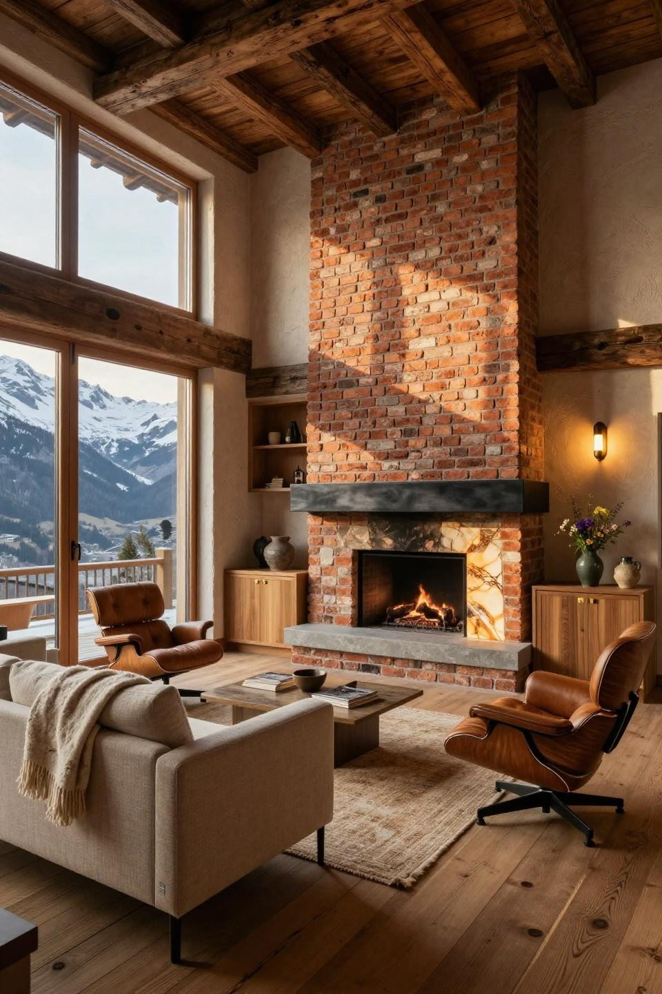 Brick fireplace living room design with hand-selected aged brick and floating black steel mantel in Gstaad chalet
