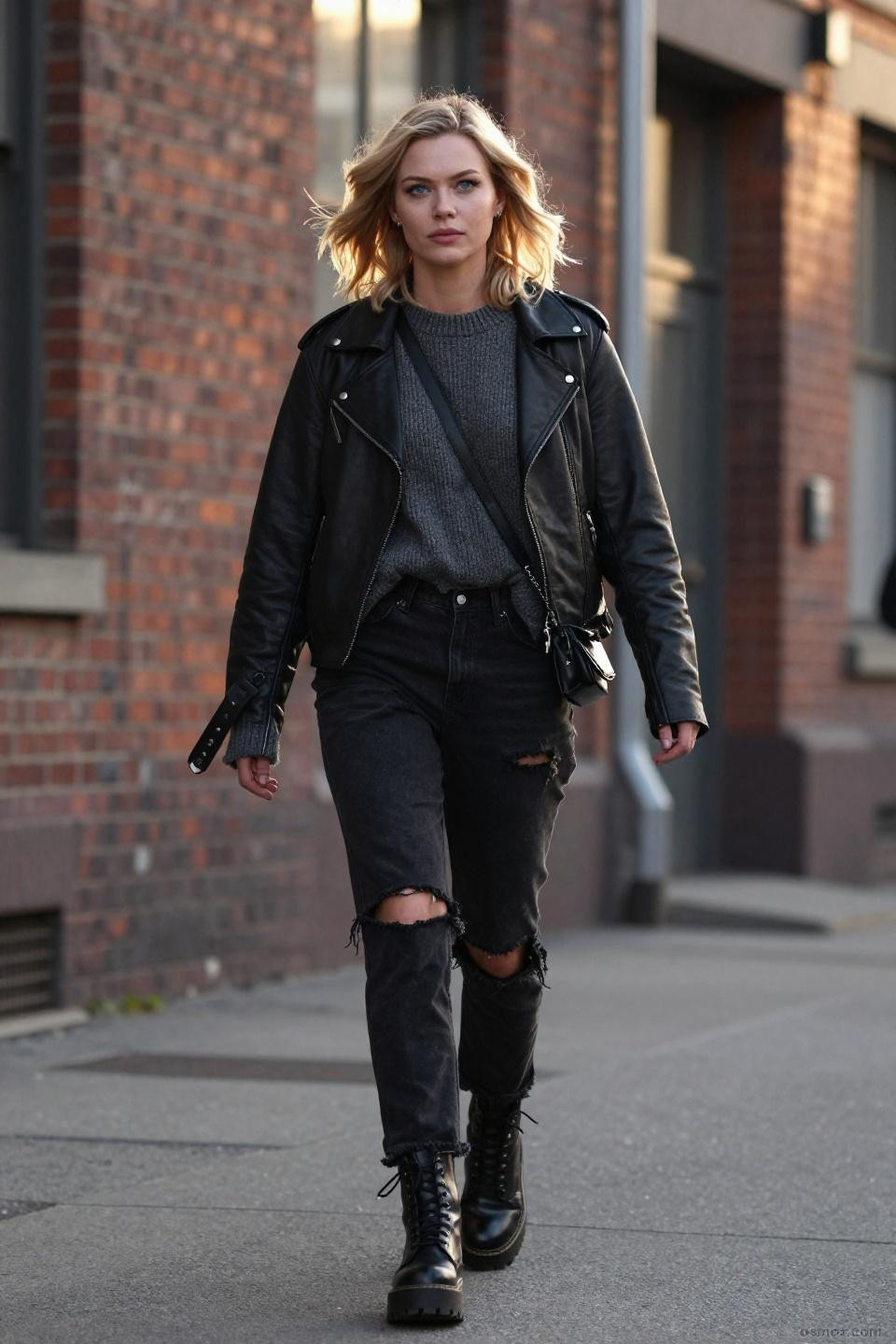 Ripped pants outfit with charcoal knit sweater and moto jacket industrial setting