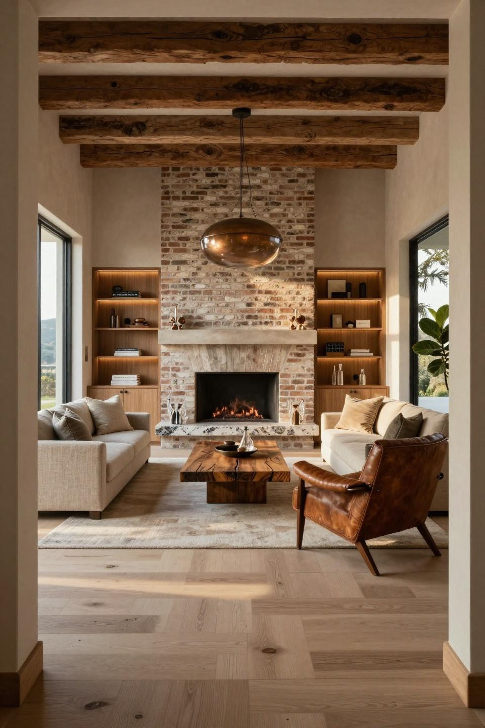 Modern fireplace ideas showcasing whitewashed reclaimed brick with floating travertine hearth