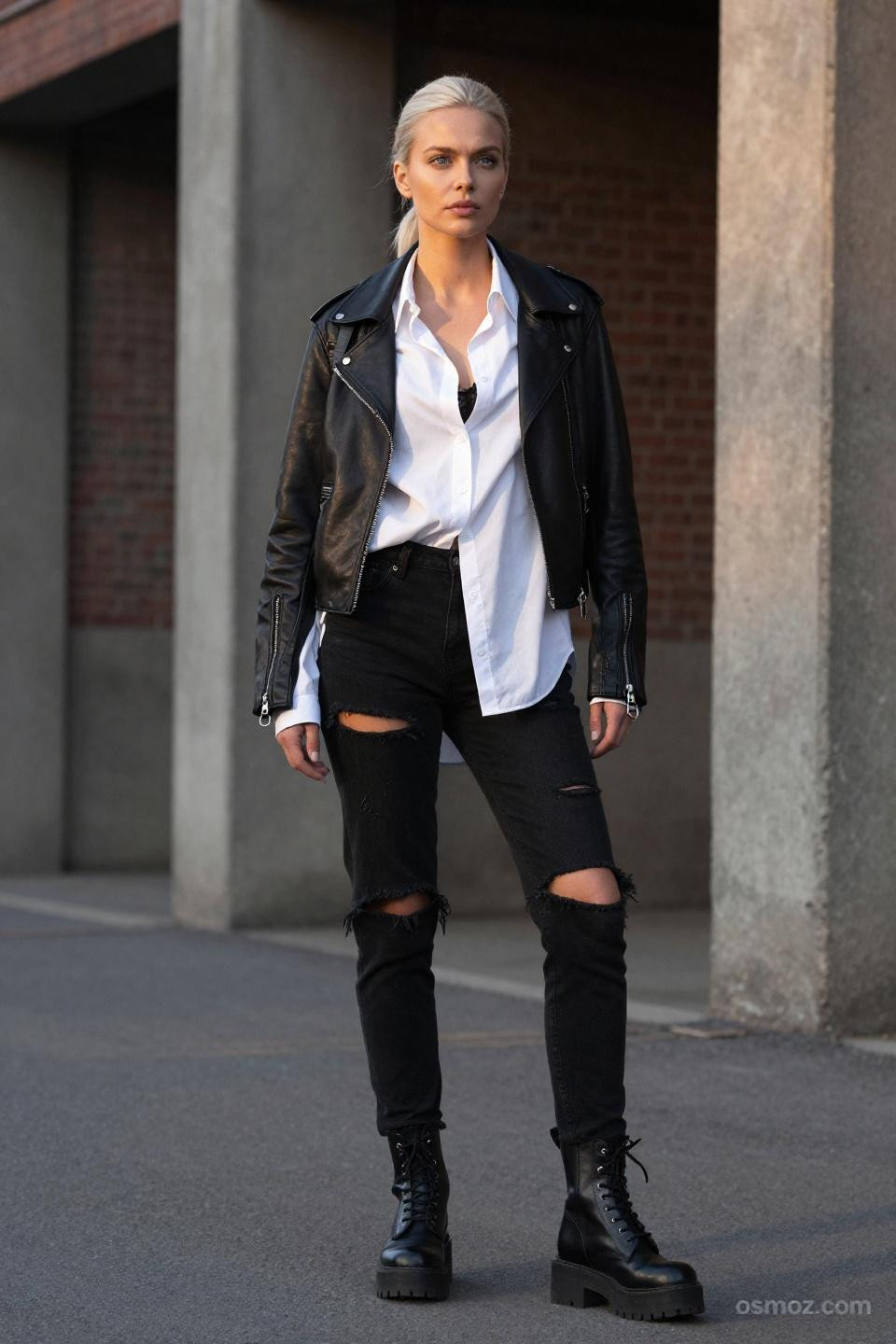 Black wash jeans outfit with white button-down and moto jacket rooftop setting