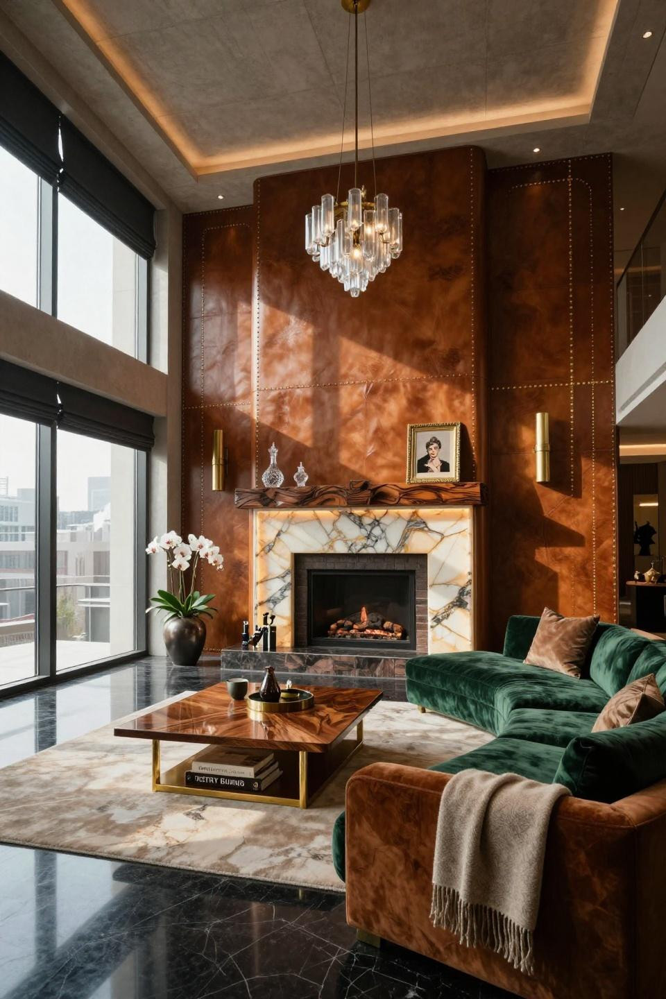 Farmhouse fireplace ideas featuring backlit Italian onyx slabs and rosewood mantel in Tokyo luxury apartment