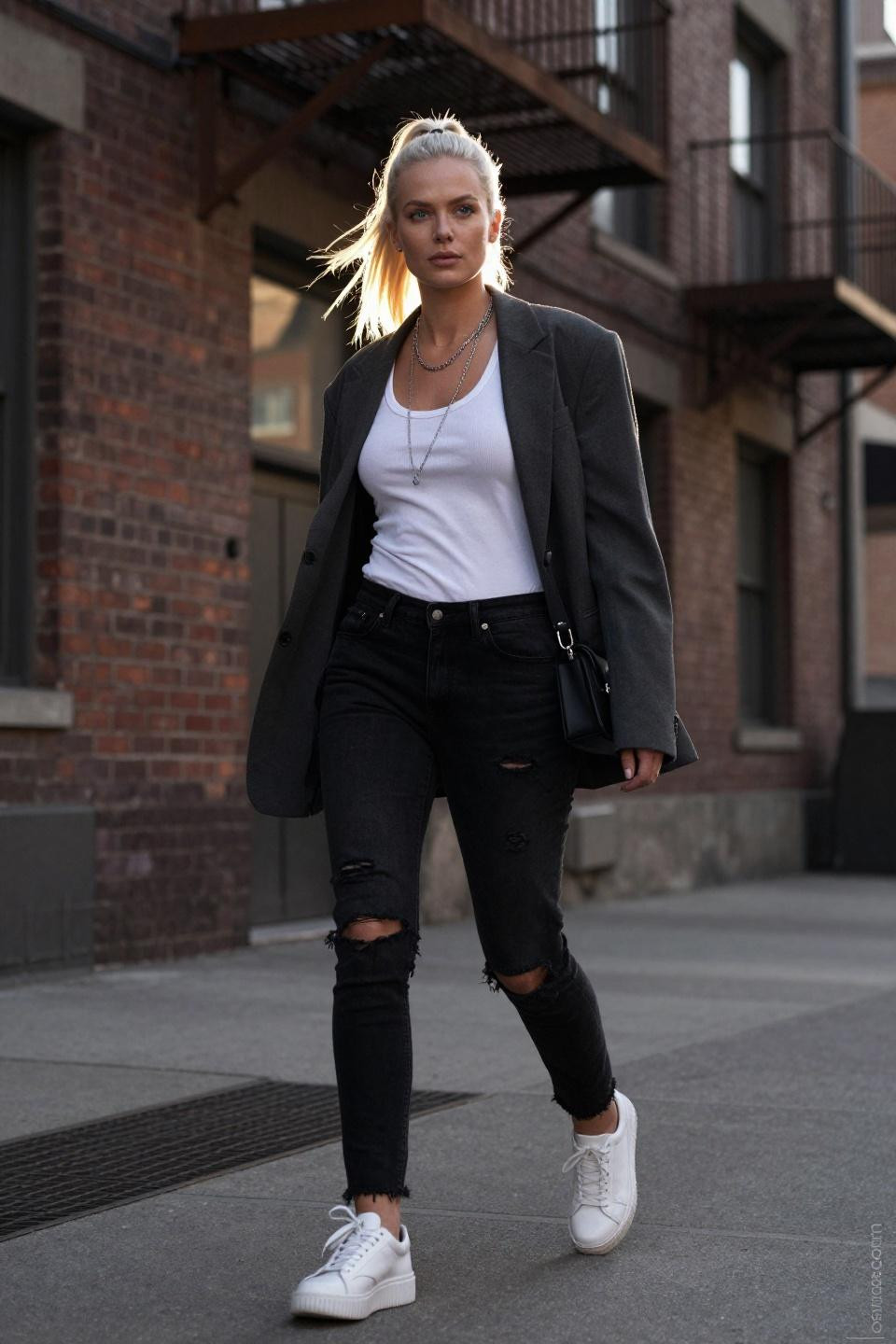 Black denim jeans outfit with charcoal blazer downtown industrial setting