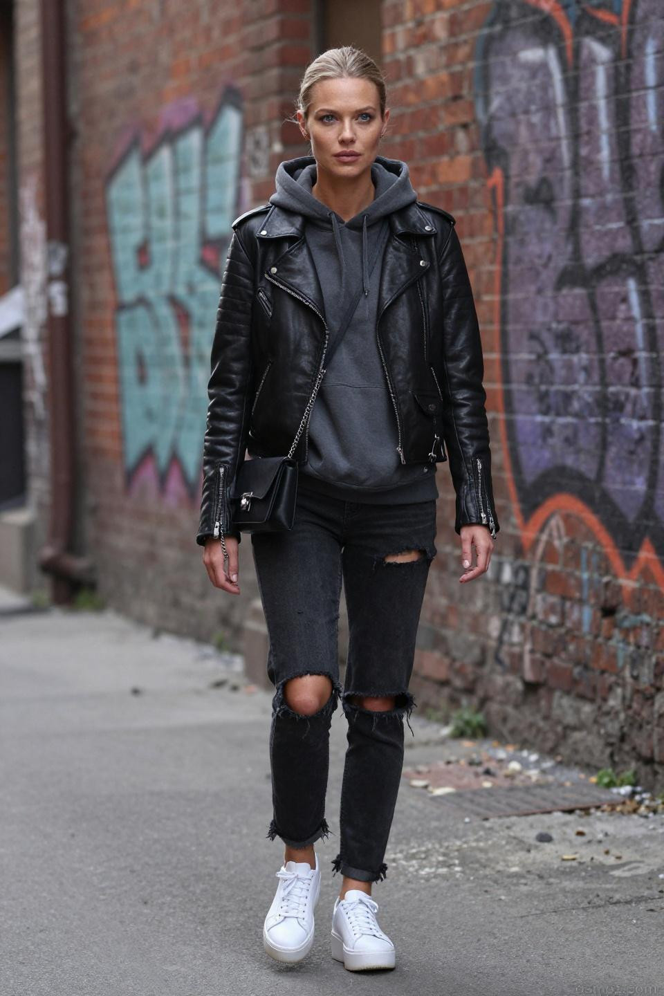 Chill outfits featuring distressed jeans and layered hoodie with moto jacket