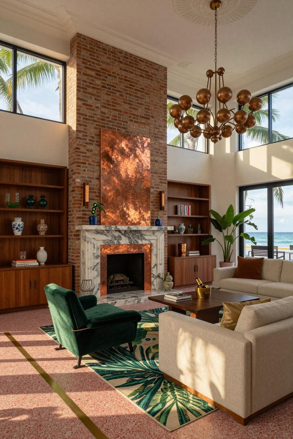 Brick fireplace makeover with white painted brick and copper fireplace surround in Miami Art Deco villa