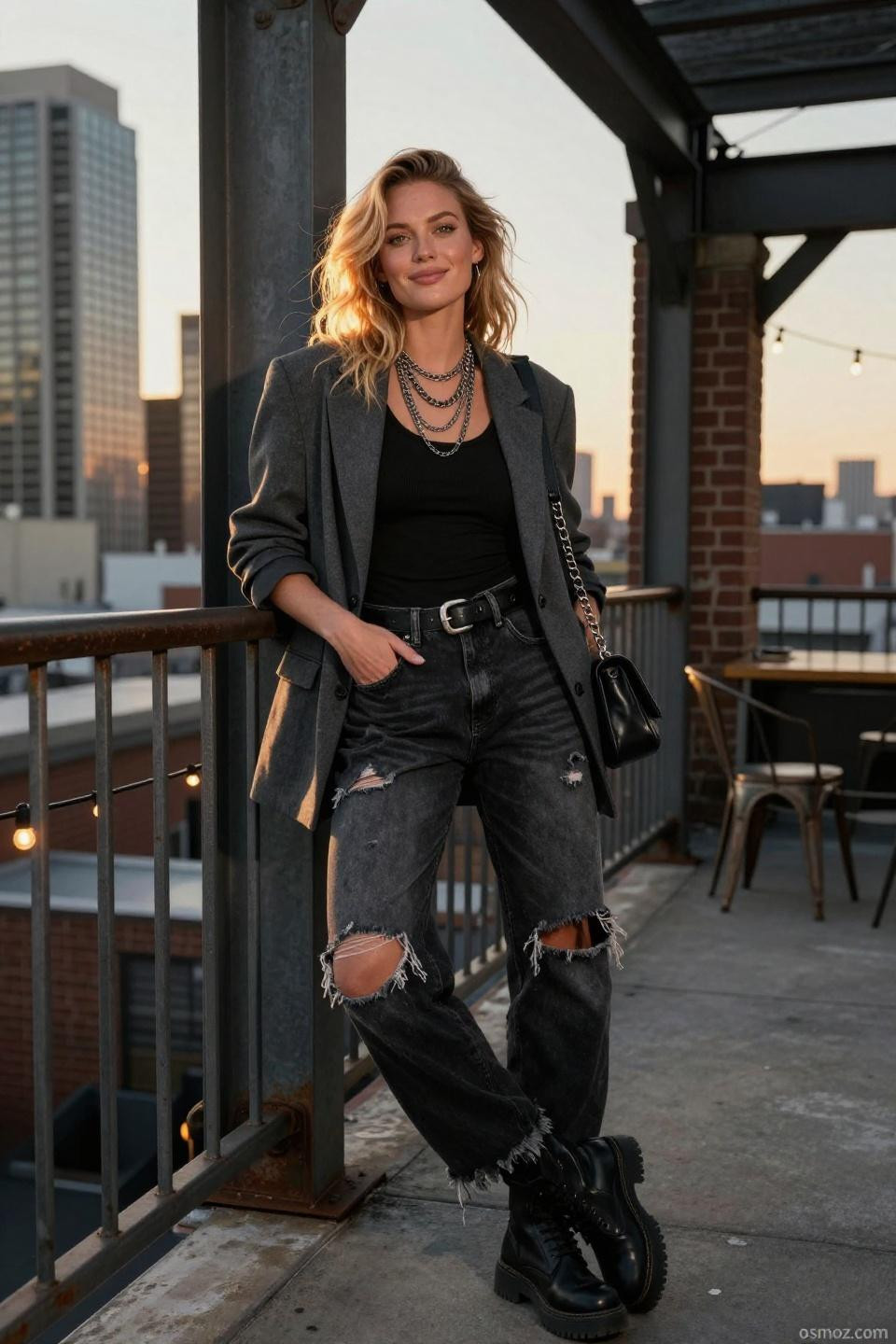 Black baggy jeans outfit with grey blazer rooftop terrace city skyline