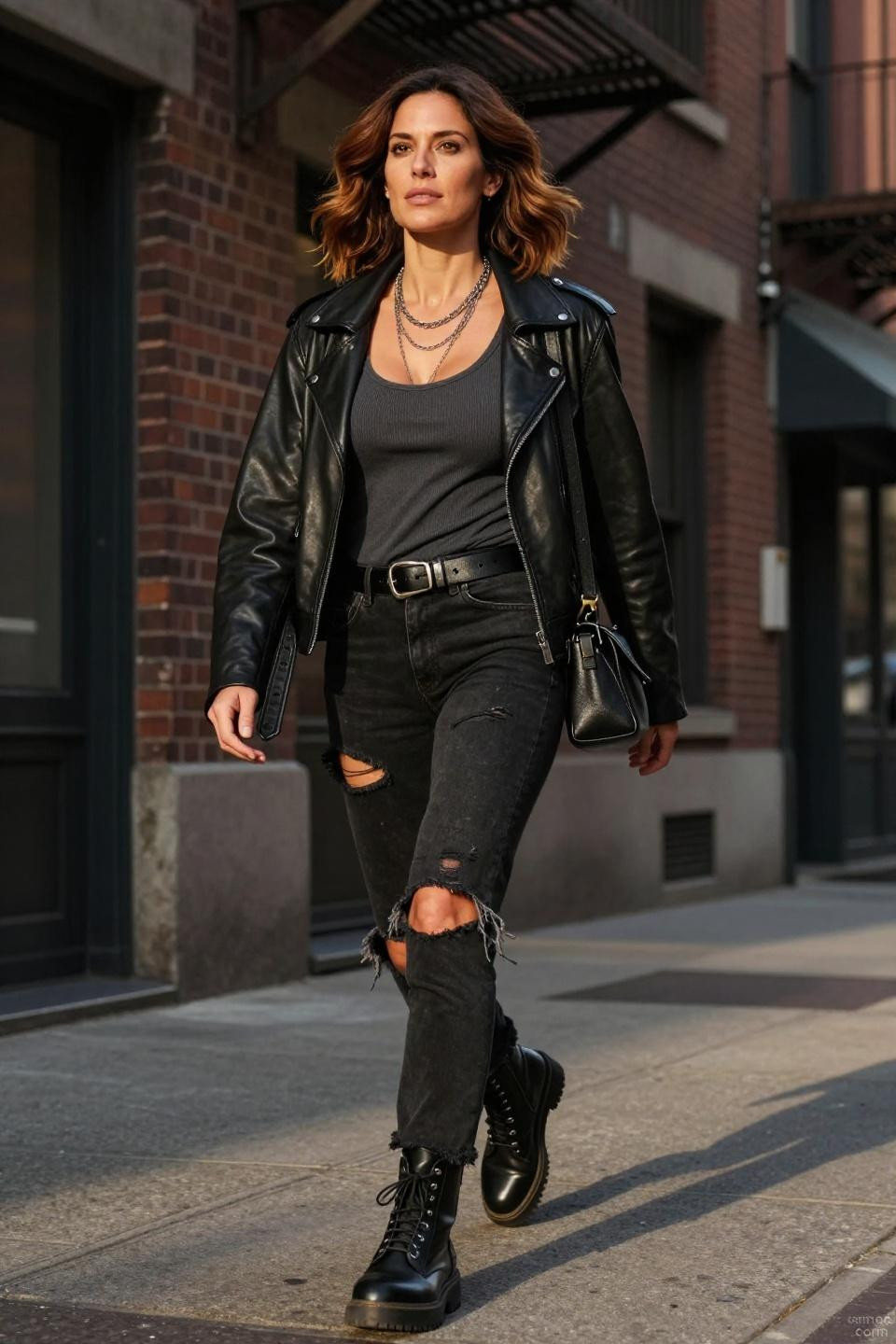 Black distressed jeans outfit with moto jacket and combat boots downtown sidewalk