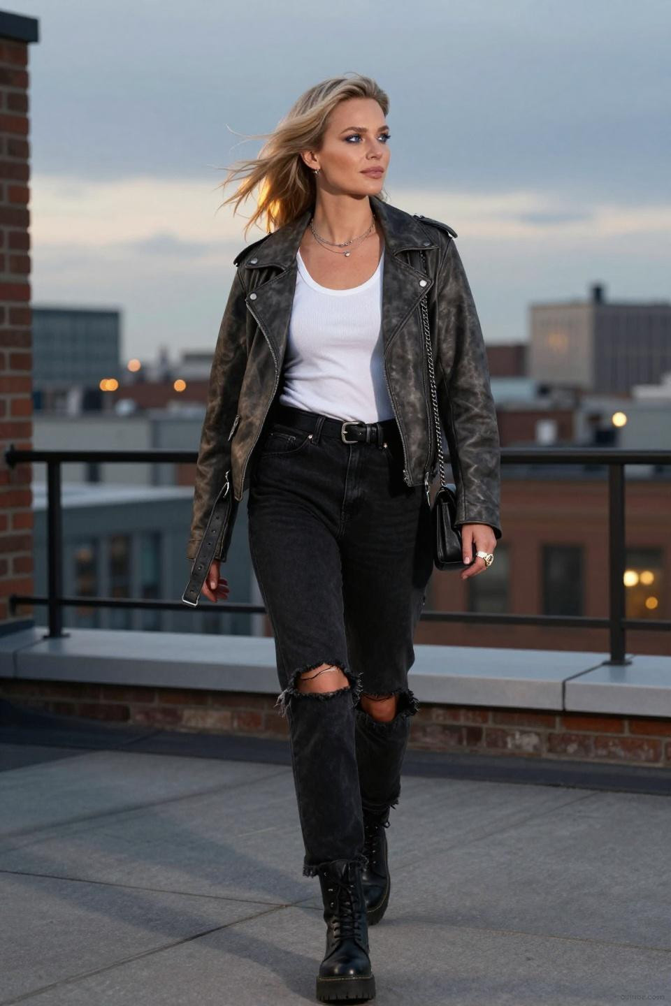 Black jeans outfit casual with charcoal blazer rooftop cityscape setting