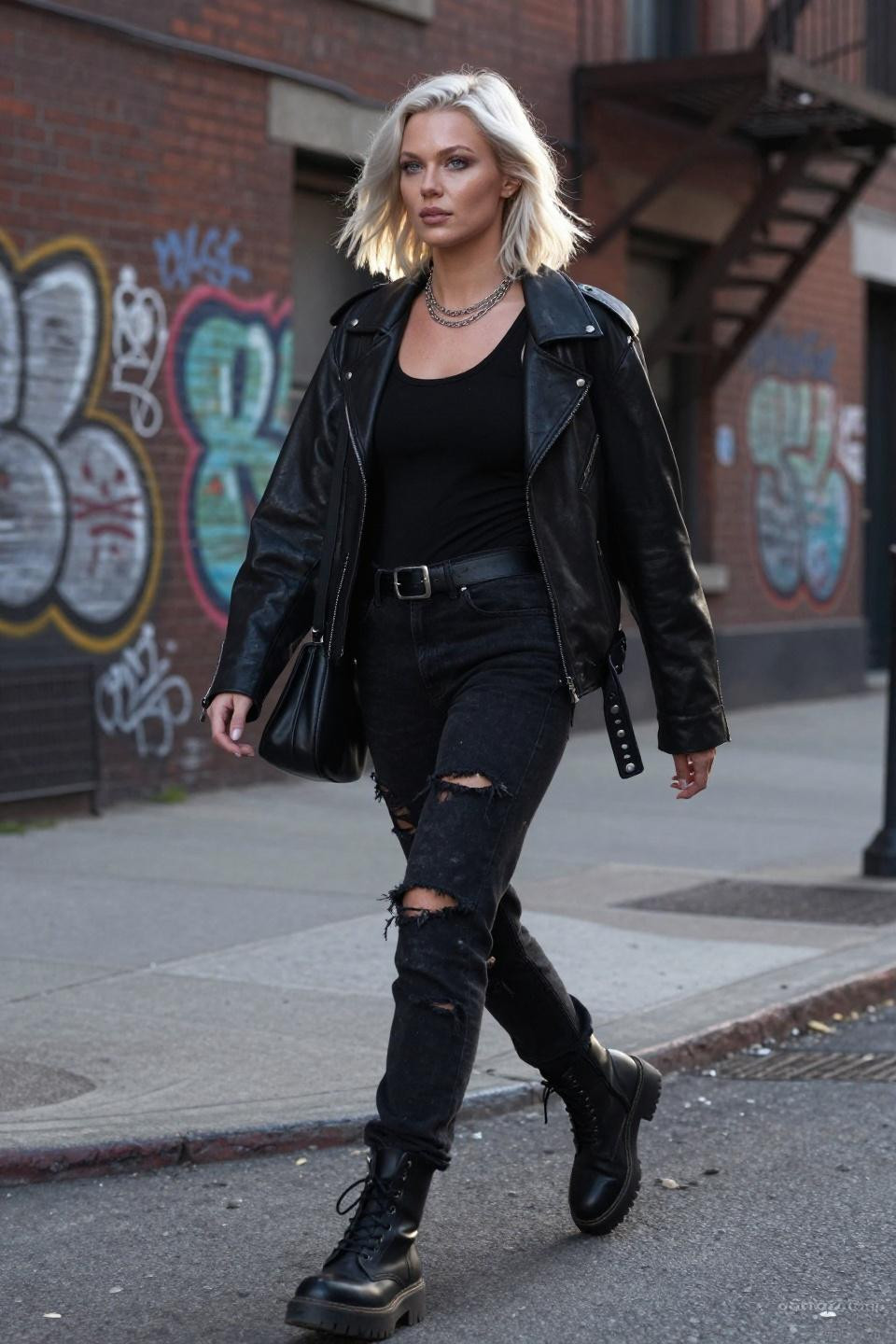 All black jeans outfit with moto jacket and combat boots graffiti backdrop