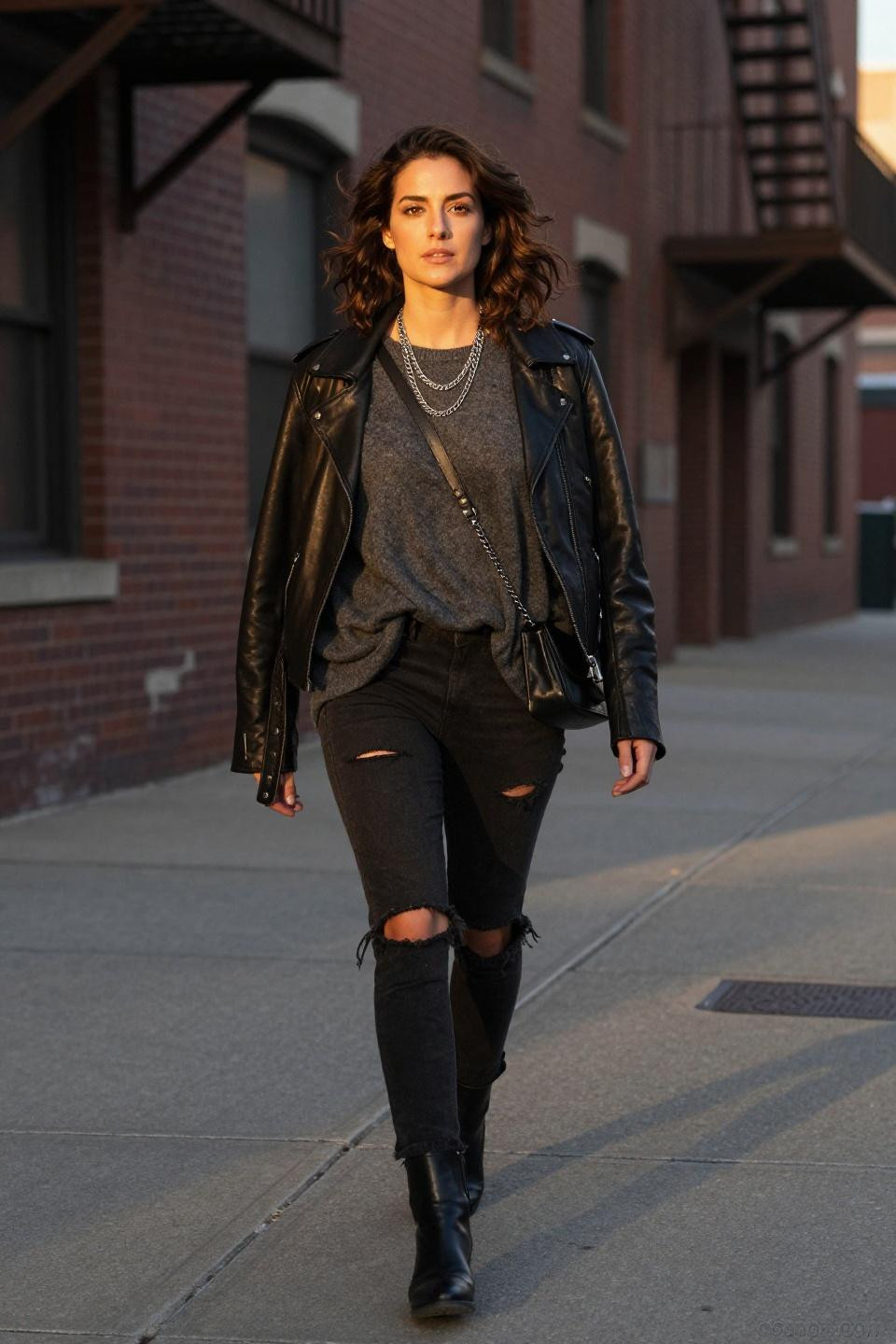 Black torn jeans outfit with grey sweater and moto jacket industrial district