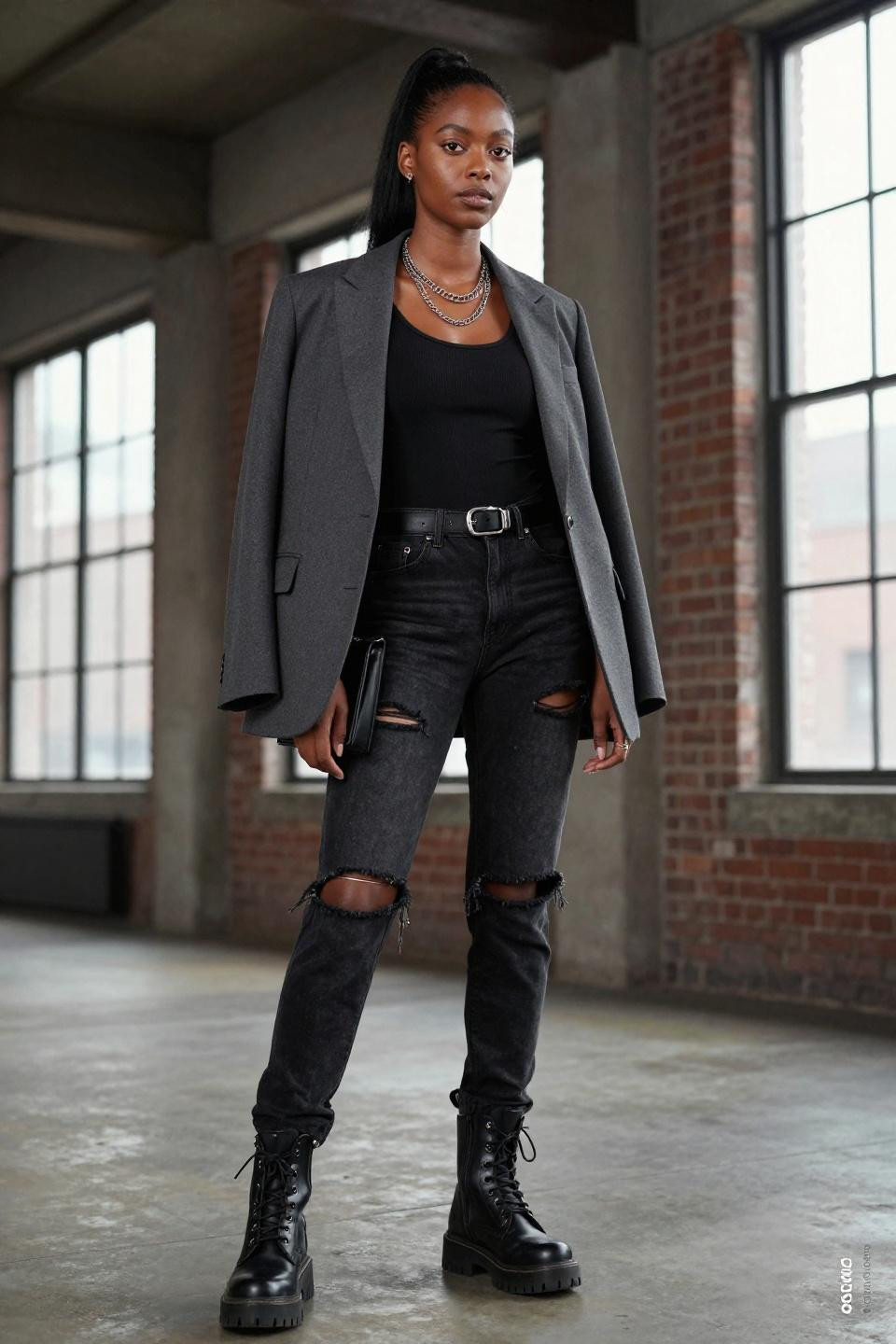 Ripped pants outfit with charcoal blazer and combat boots exposed brick loft