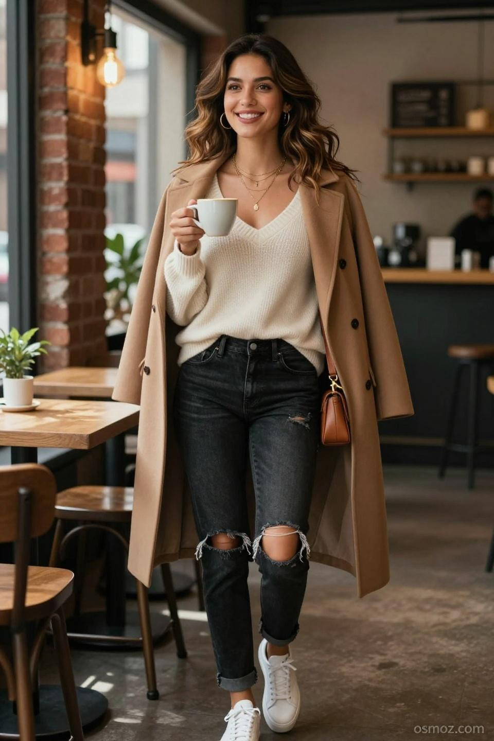 Black distressed jeans outfit with camel coat coffee shop lifestyle moment