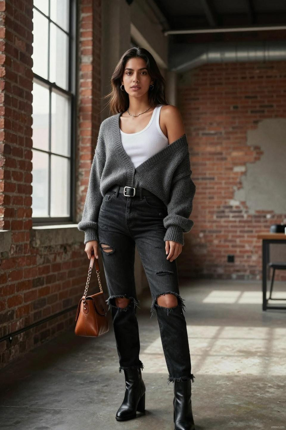 Ripped jeans outfit women styled with chunky grey knit sweater industrial loft