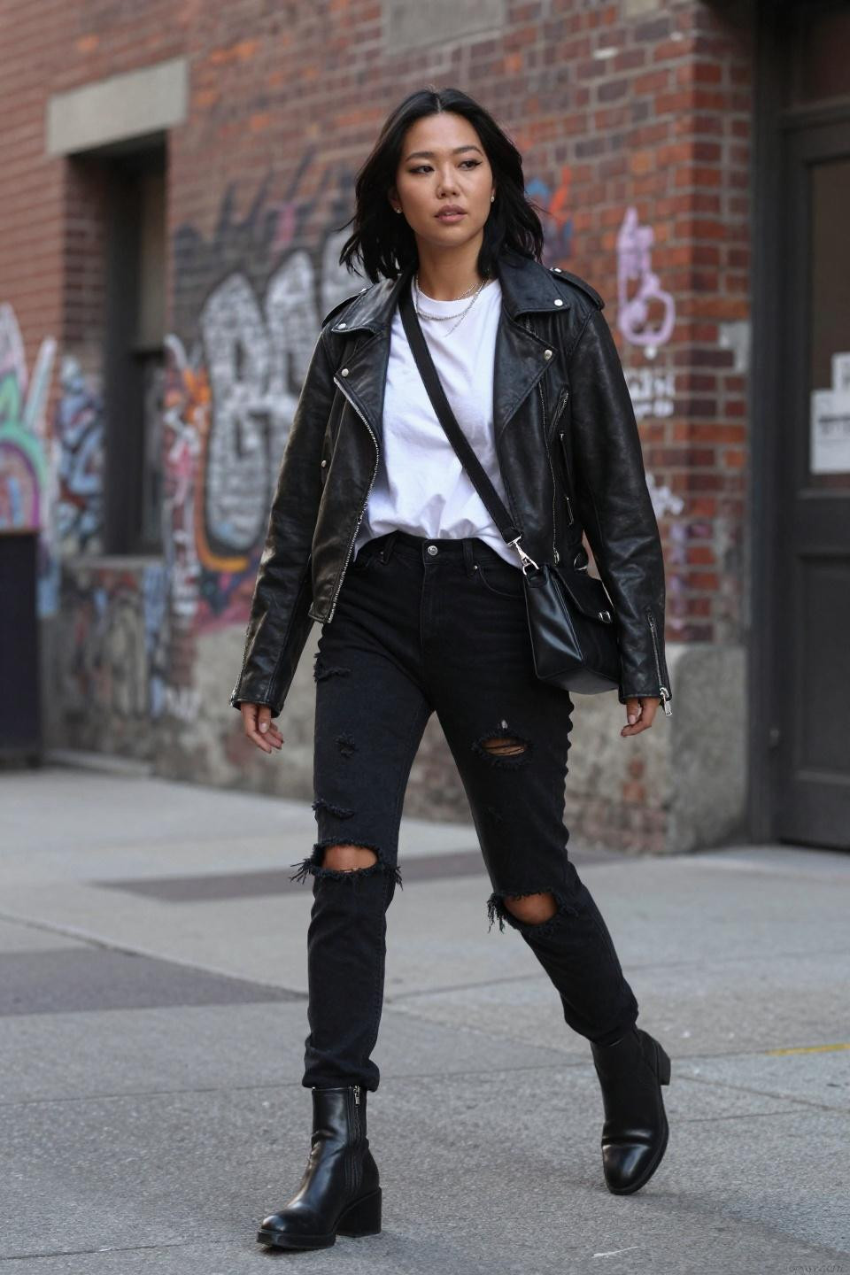 Ripped pants outfit with graphic tee and moto jacket industrial backdrop