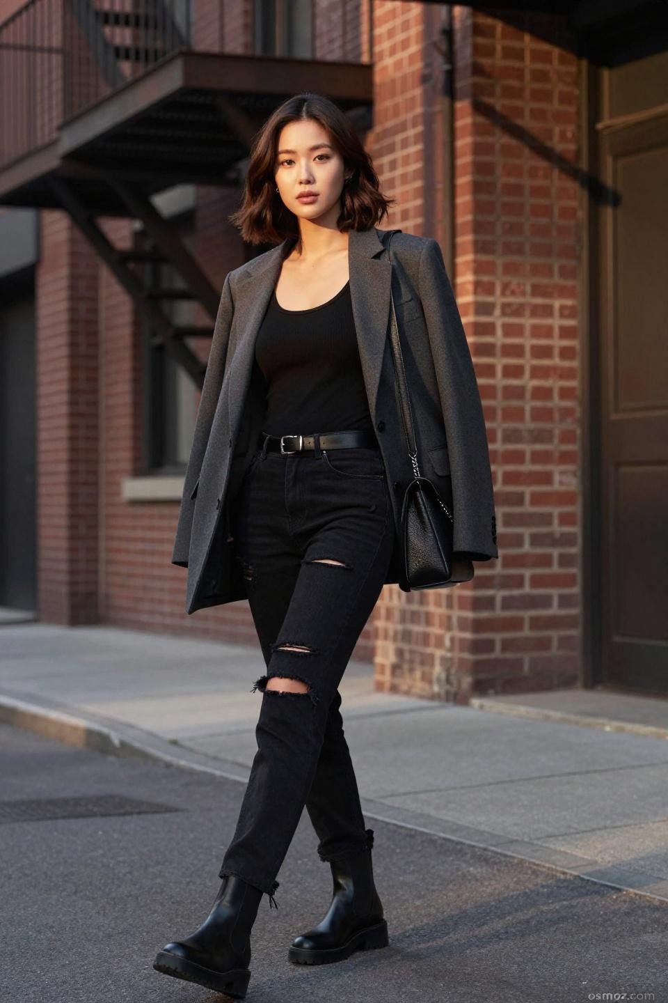 Black denim jeans outfit with blazer and combat boots downtown style