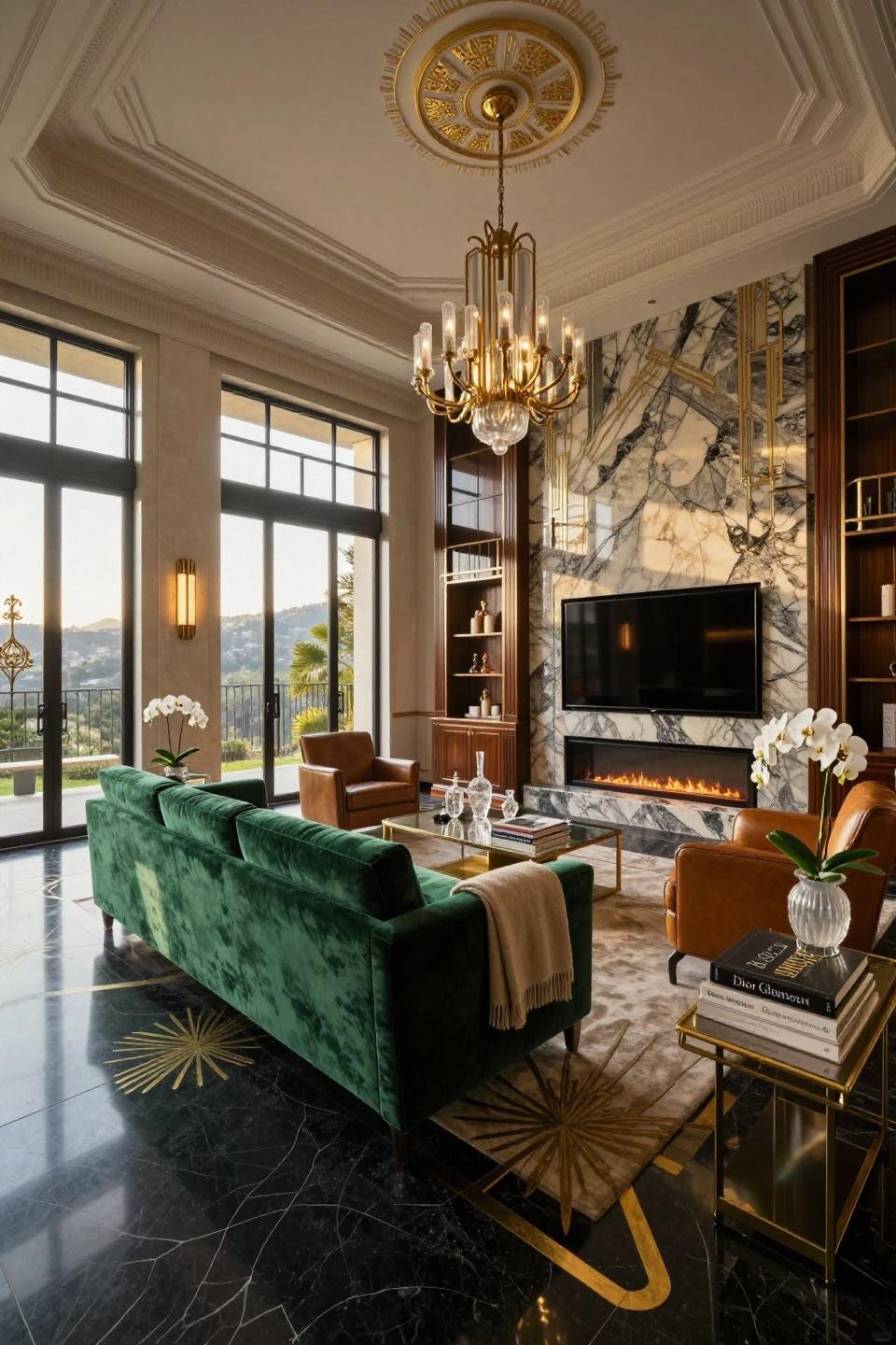 Living room TV fireplace wall ideas featuring Jet Mist granite with brass gallery rails in Beverly Hills estate