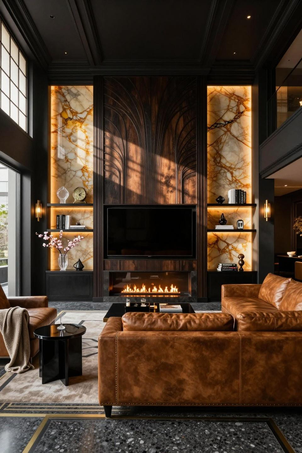 Living room TV fireplace wall ideas with backlit onyx and Art Deco sunburst motifs in Tokyo townhouse