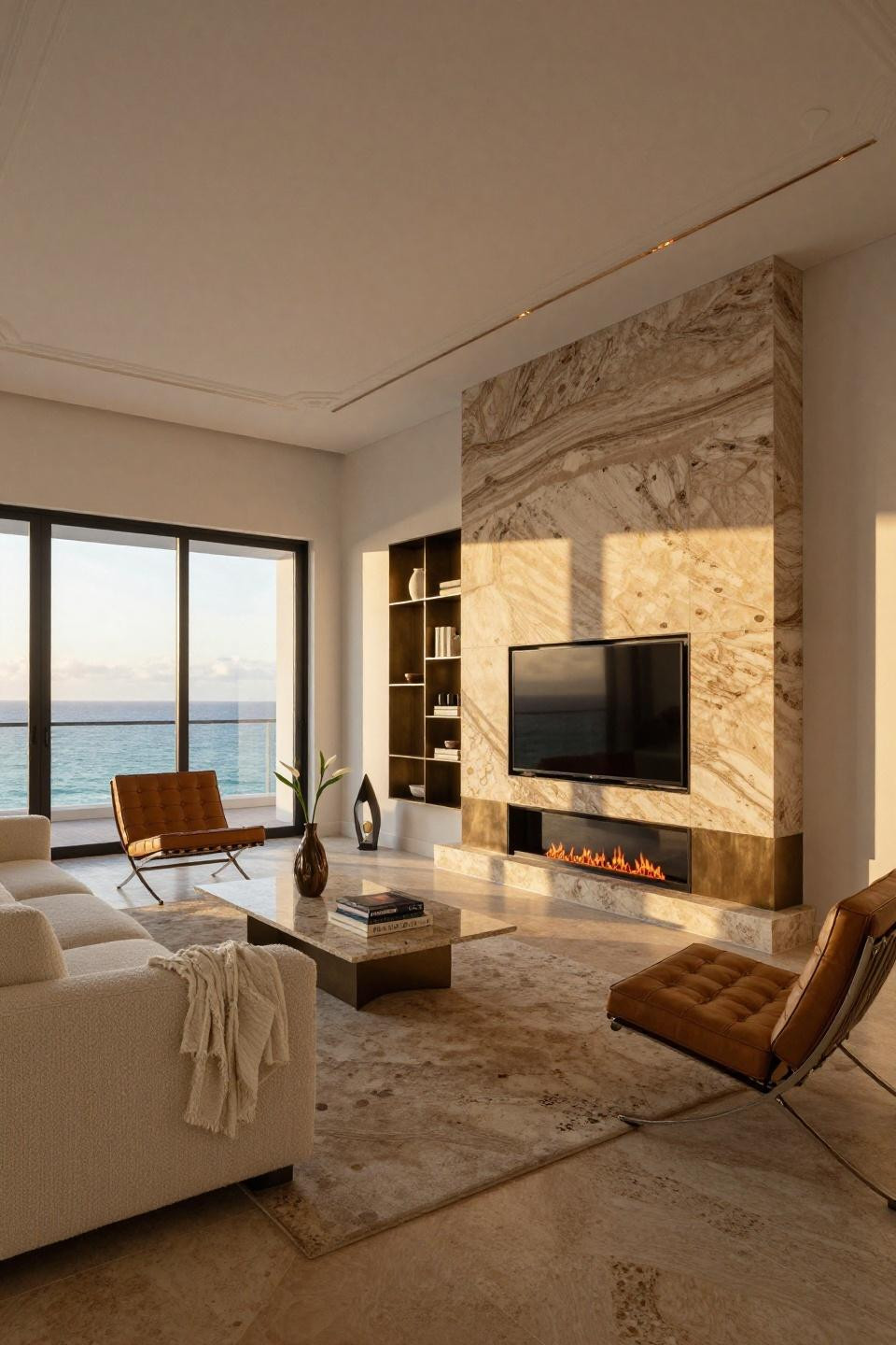 Living room TV fireplace wall ideas with book-matched travertine and brushed bronze in Miami penthouse