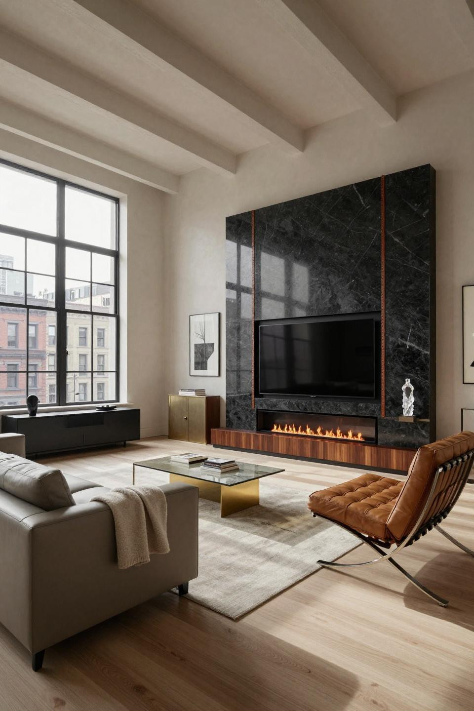 Living room TV fireplace wall ideas showcasing honed black granite with saddle leather in Tribeca loft