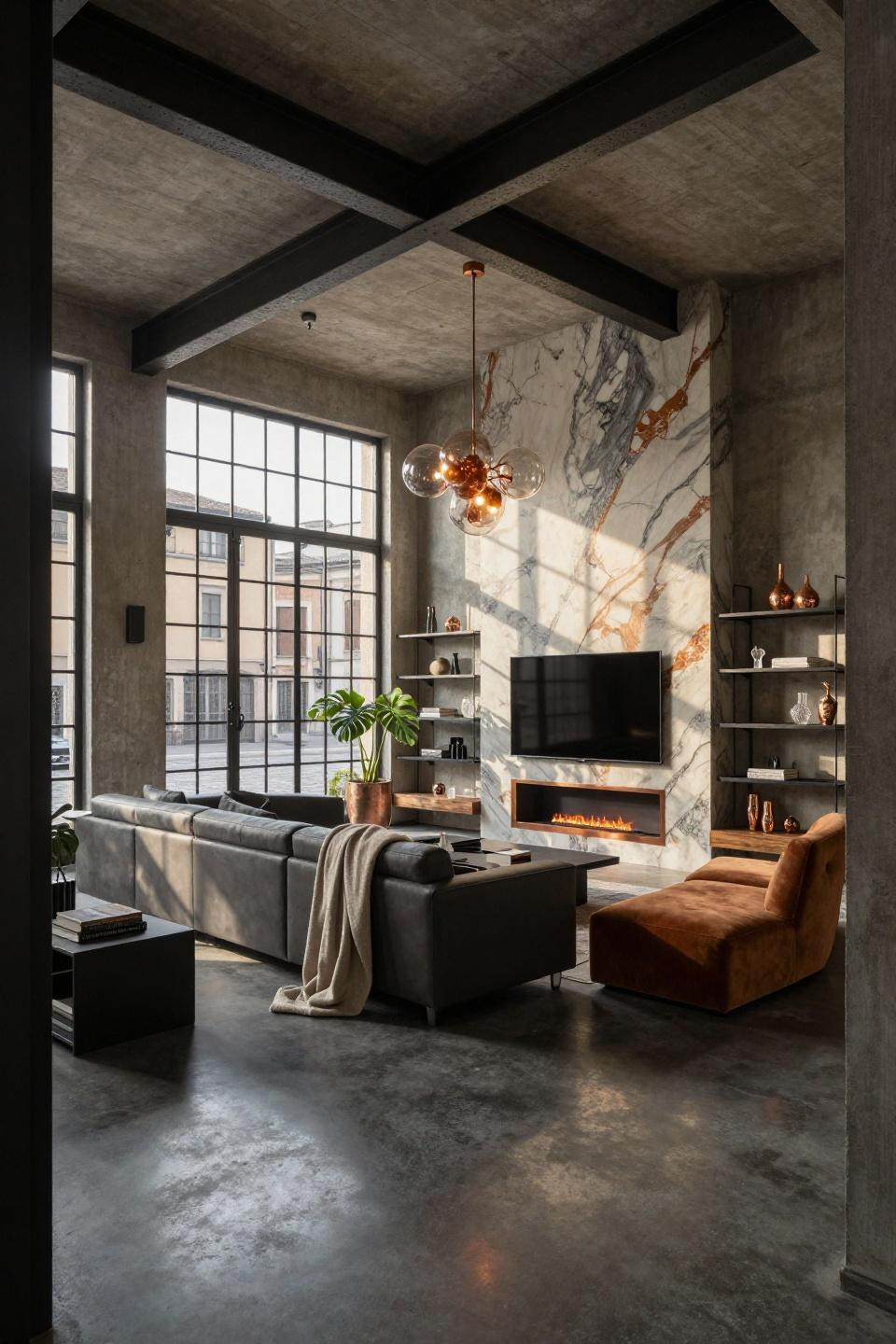 Living room TV fireplace wall ideas with Sea Pearl quartzite and aged copper in Milan industrial loft