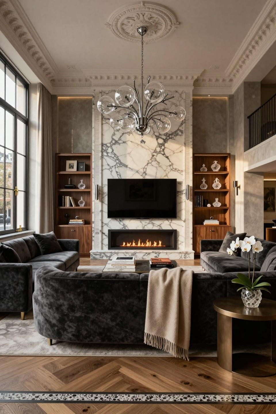 Living room TV fireplace wall ideas featuring Calacatta Borghini marble with chrome hardware in London townhouse